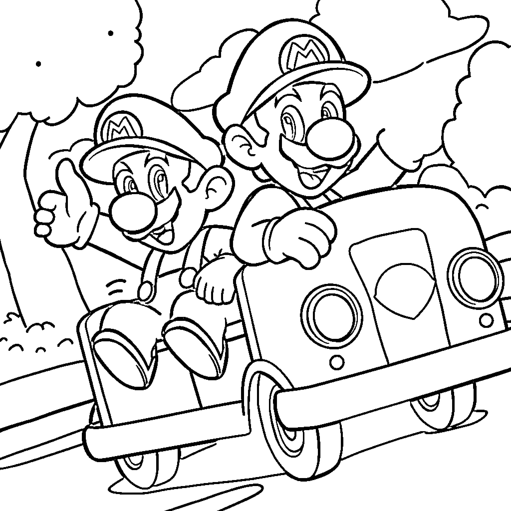 Mario Brothers riding a kart on the road Coloring Page (free black-and-white line drawing printable PDF for all, from beginners to advanced learners, including children, teens, adults, and seniors)