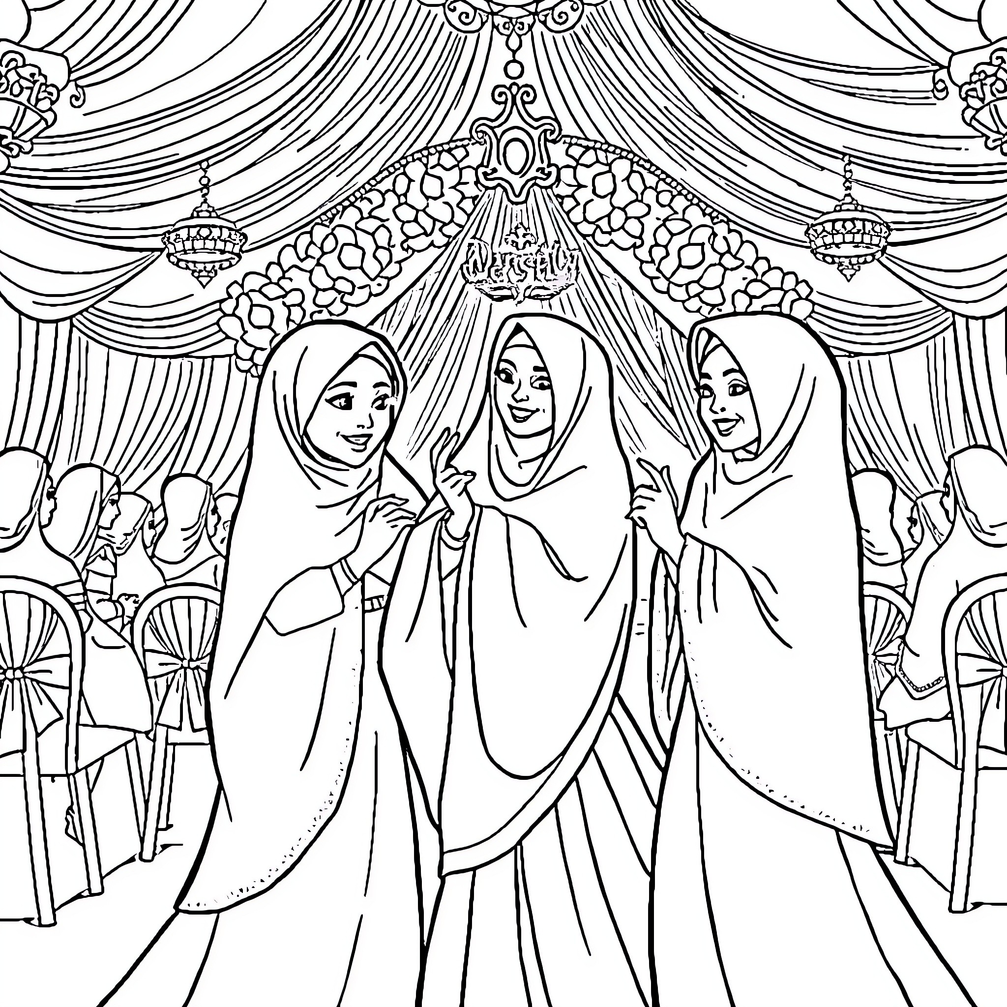 Princess's Royal Celebration in Elegant Attire Coloring Page (free black-and-white line drawing printable PDF for all, from beginners to advanced learners, including children, teens, adults, and seniors)