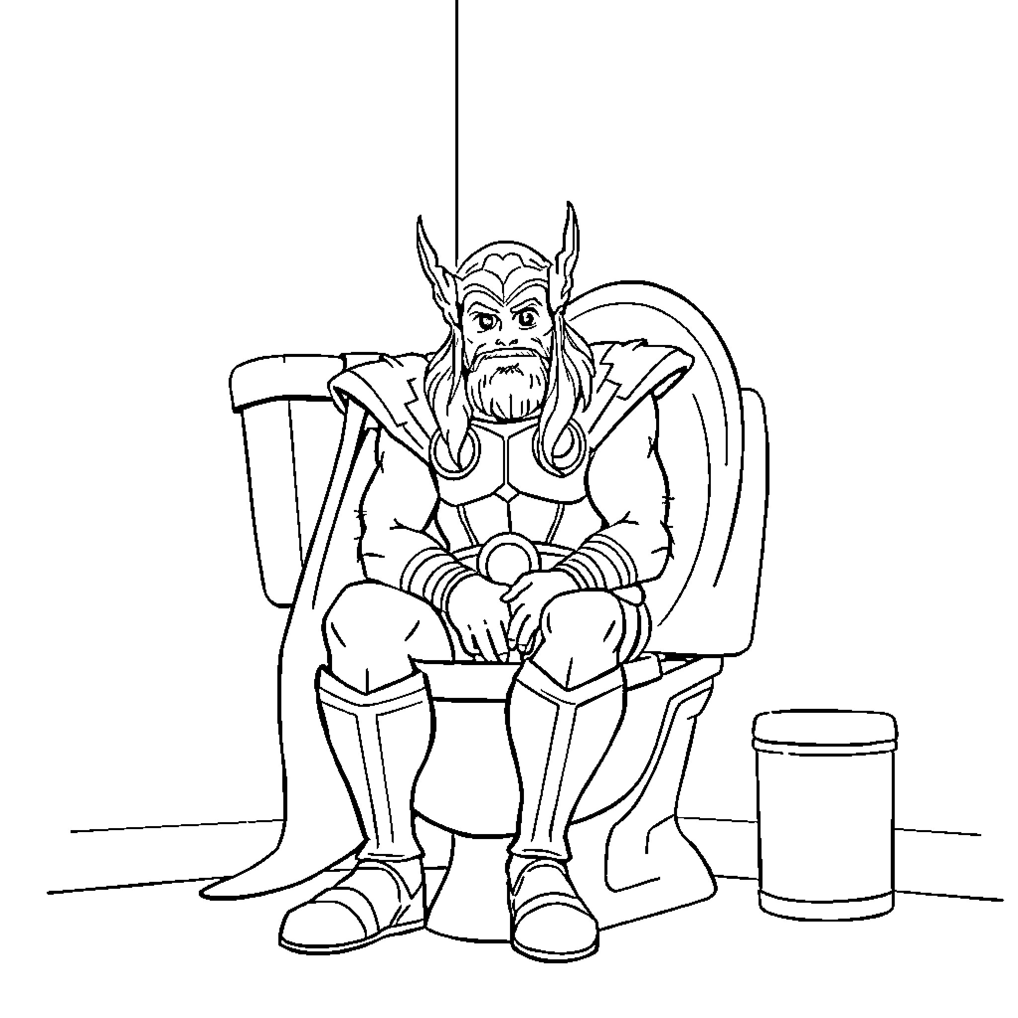 Thor sitting on throne with stern expression Coloring Page (free black-and-white line drawing printable PDF for all, from beginners to advanced learners, including children, teens, adults, and seniors)