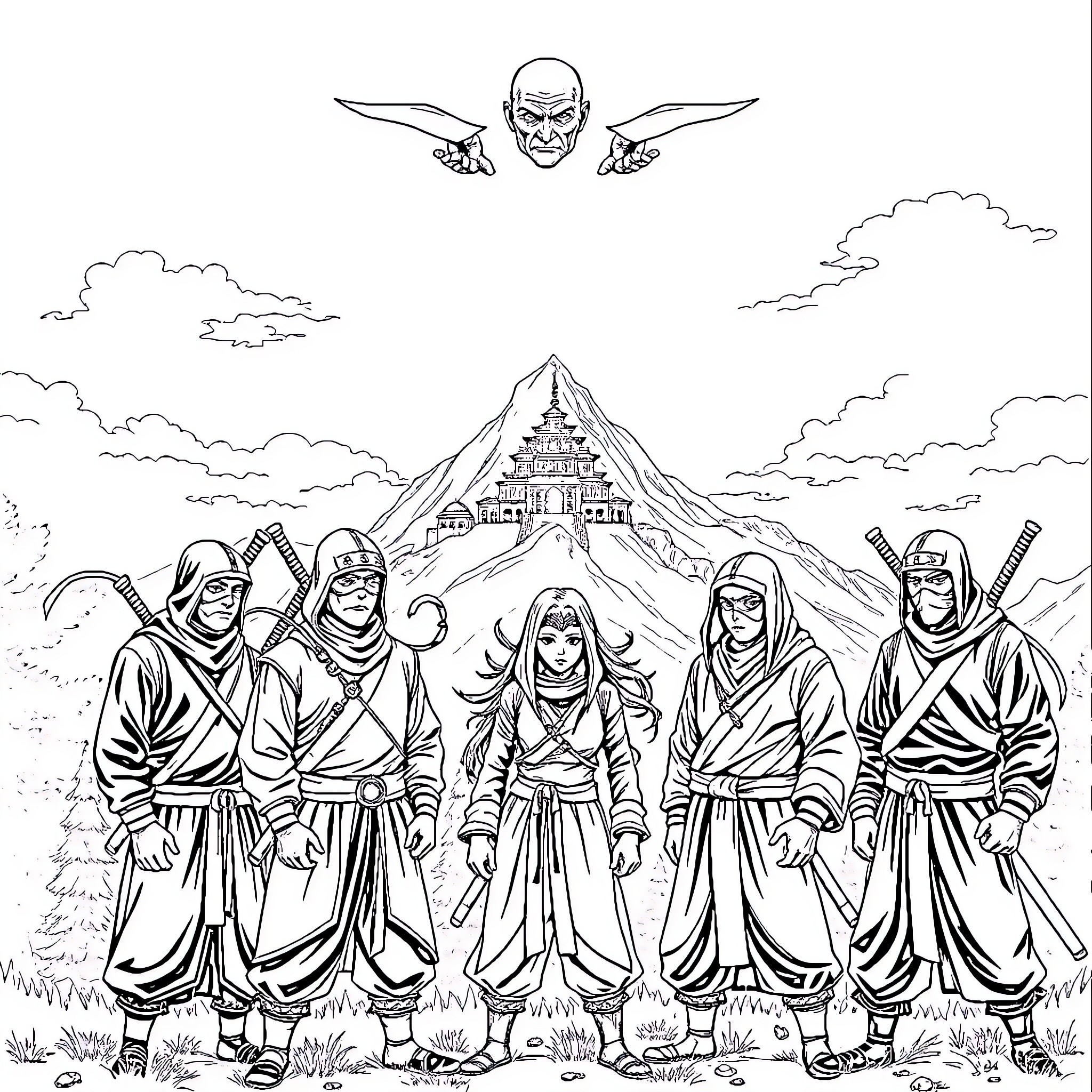 Ninja warriors in an epic mountain scene Coloring Page (free black-and-white line drawing printable PDF for all, from beginners to advanced learners, including children, teens, adults, and seniors)