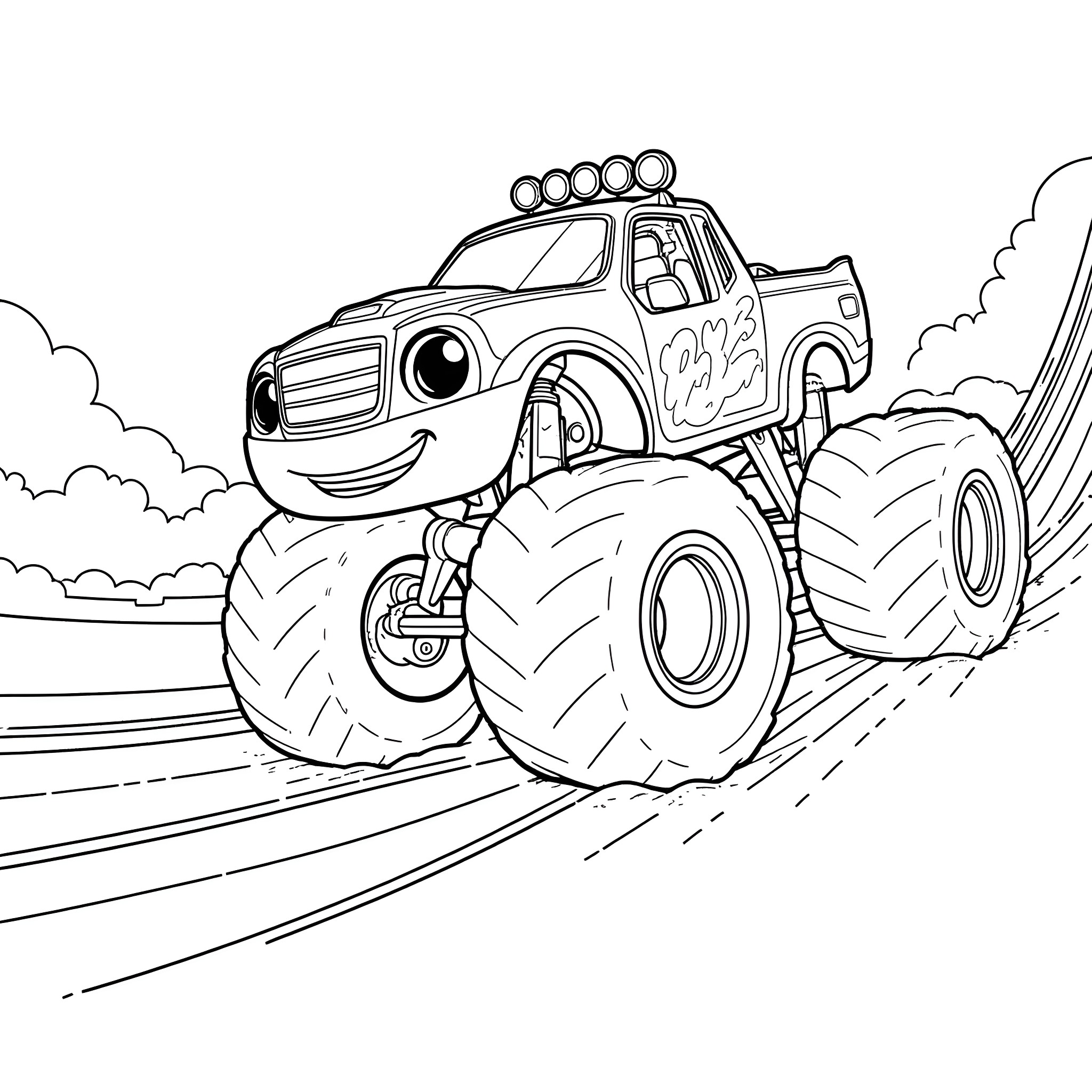 Blaze racing through the track in a monster truck Coloring Page (free black-and-white line drawing printable PDF for all, from beginners to advanced learners, including children, teens, adults, and seniors)