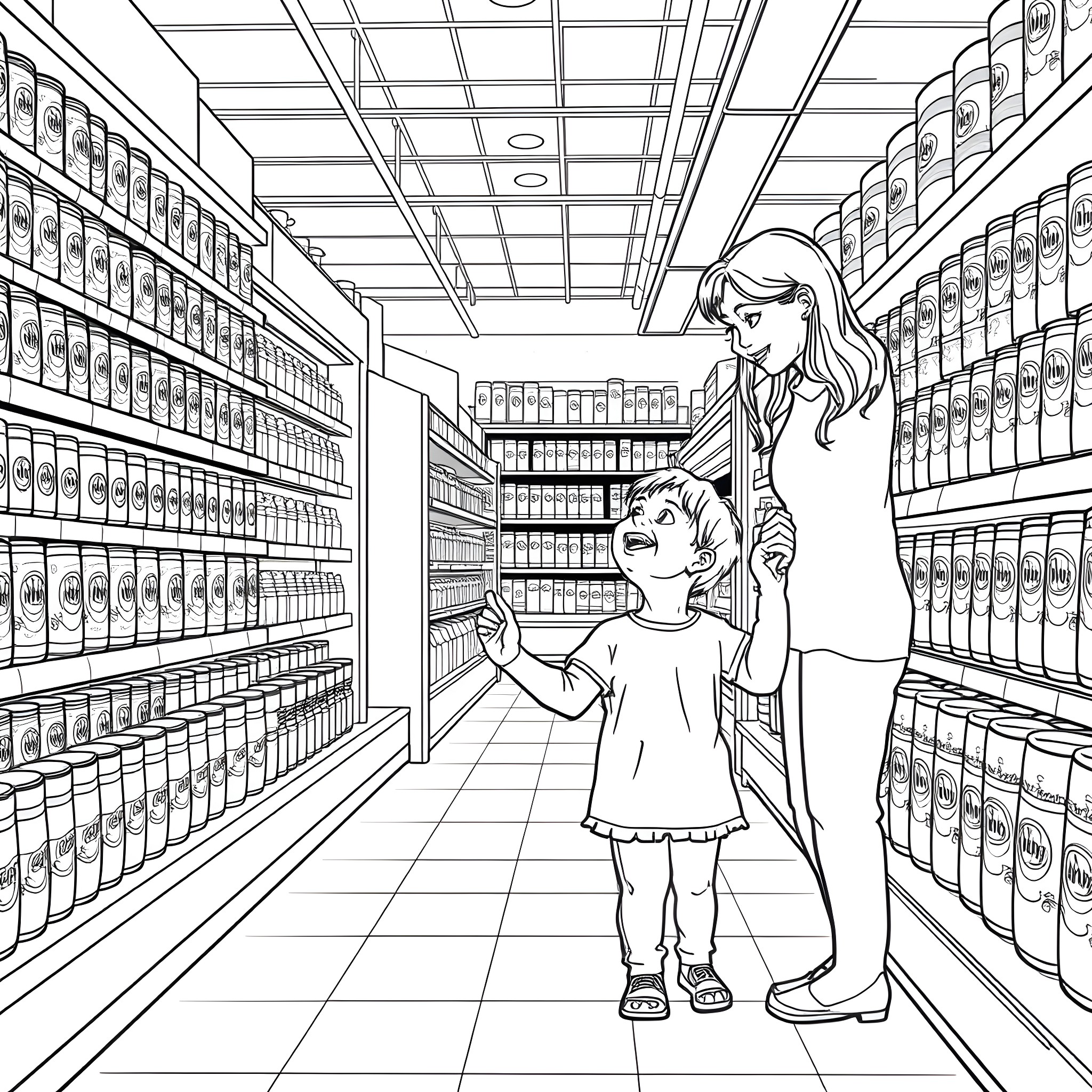 Child and Adult Exploring Grocery Store Aisles Coloring Page (free black-and-white line drawing printable PDF for all, from beginners to advanced learners, including children, teens, adults, and seniors)