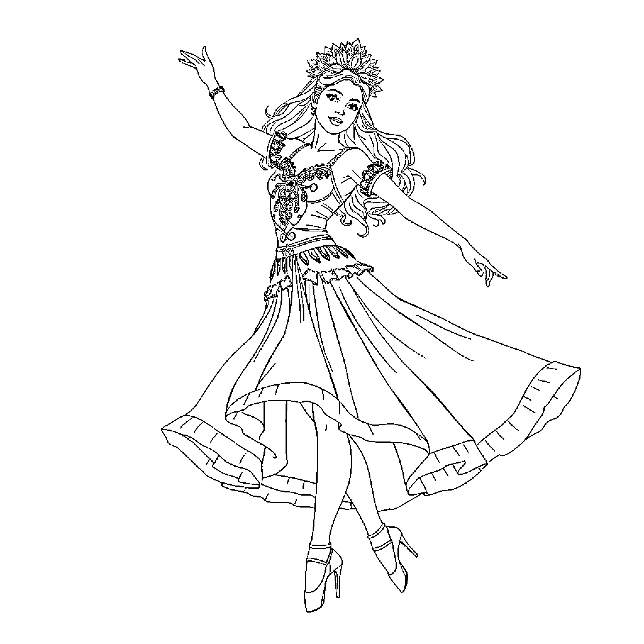 Valerina's Graceful Dance Performance Coloring Page (free black-and-white line drawing printable PDF for all, from beginners to advanced learners, including children, teens, adults, and seniors)