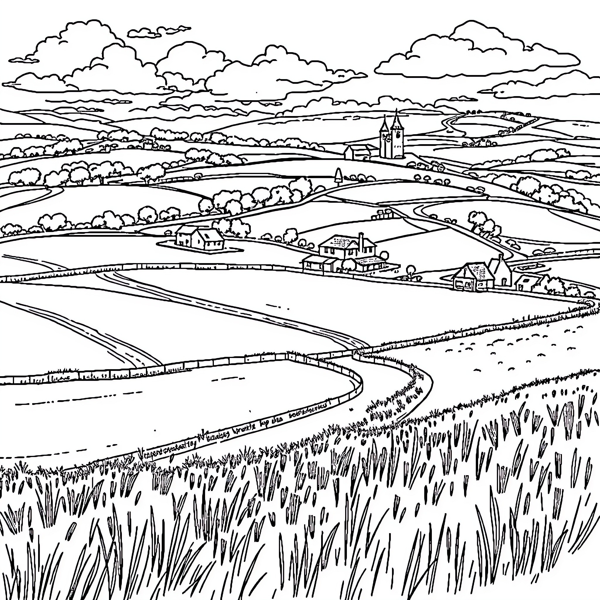 Chase through the Countryside Landscape Coloring Page (free black-and-white line drawing printable PDF for all, from beginners to advanced learners, including children, teens, adults, and seniors)