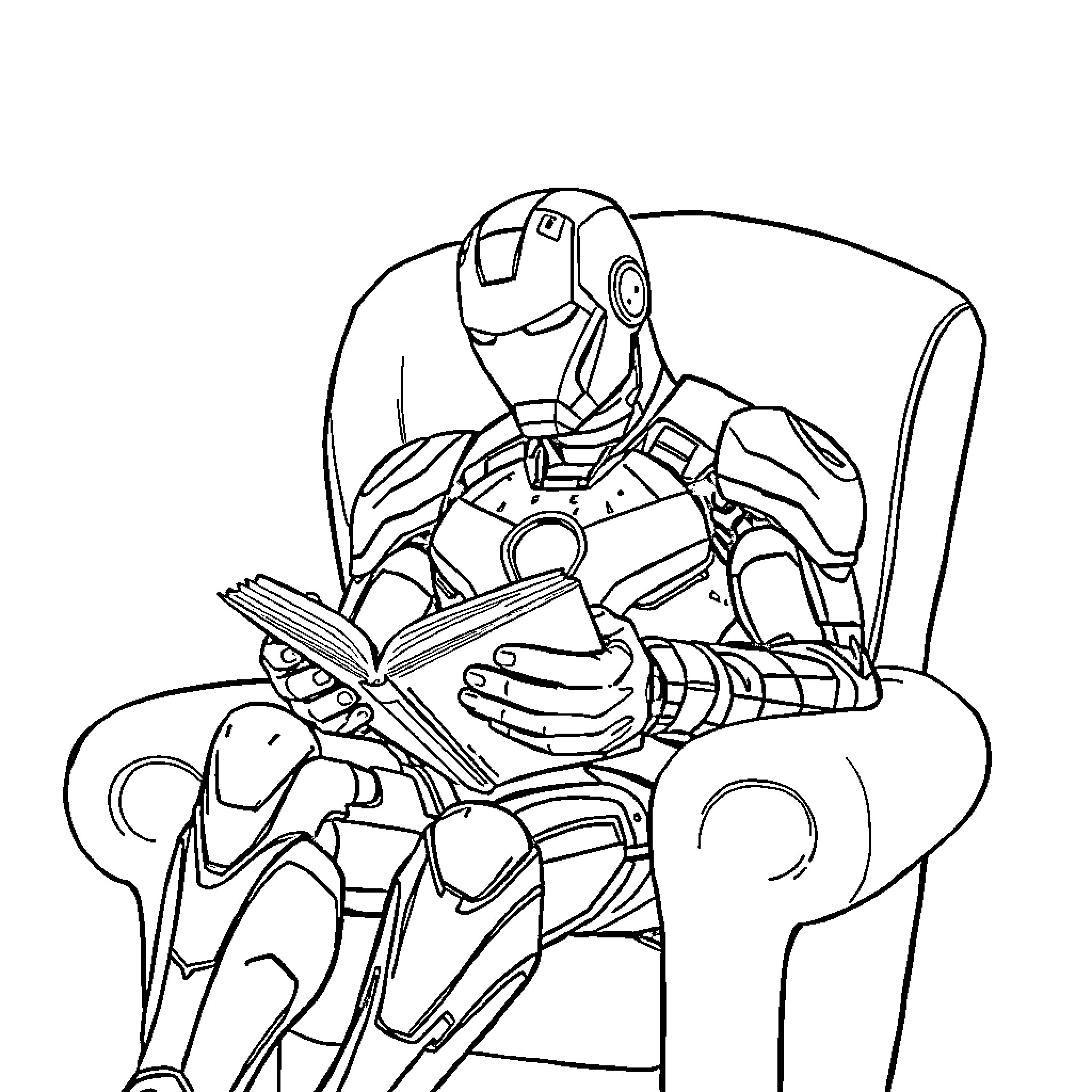 Ironman enjoying a book in a comfortable chair Coloring Page (free black-and-white line drawing printable PDF for all, from beginners to advanced learners, including children, teens, adults, and seniors)
