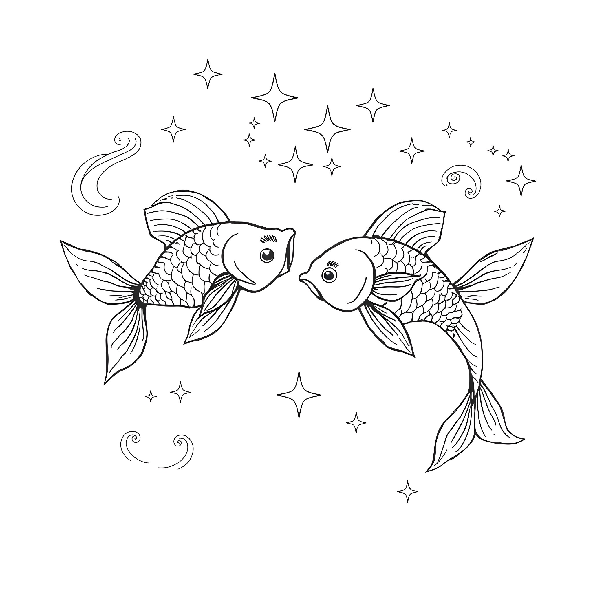 Pisces fish swimming under starry night sky Coloring Page (free black-and-white line drawing printable PDF for all, from beginners to advanced learners, including children, teens, adults, and seniors)