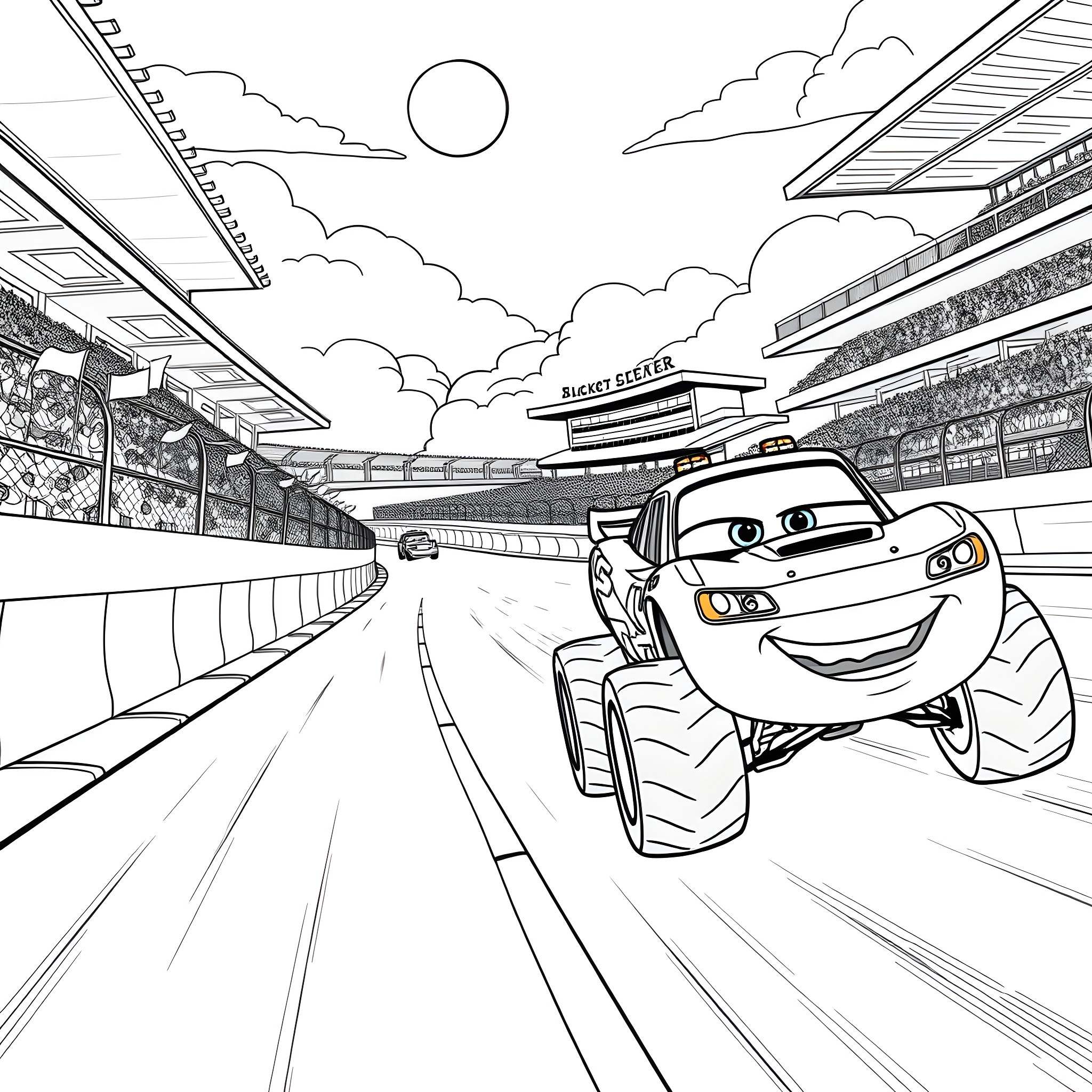 Lightning McQueen racing on the track Coloring Page (free black-and-white line drawing printable PDF for all, from beginners to advanced learners, including children, teens, adults, and seniors)