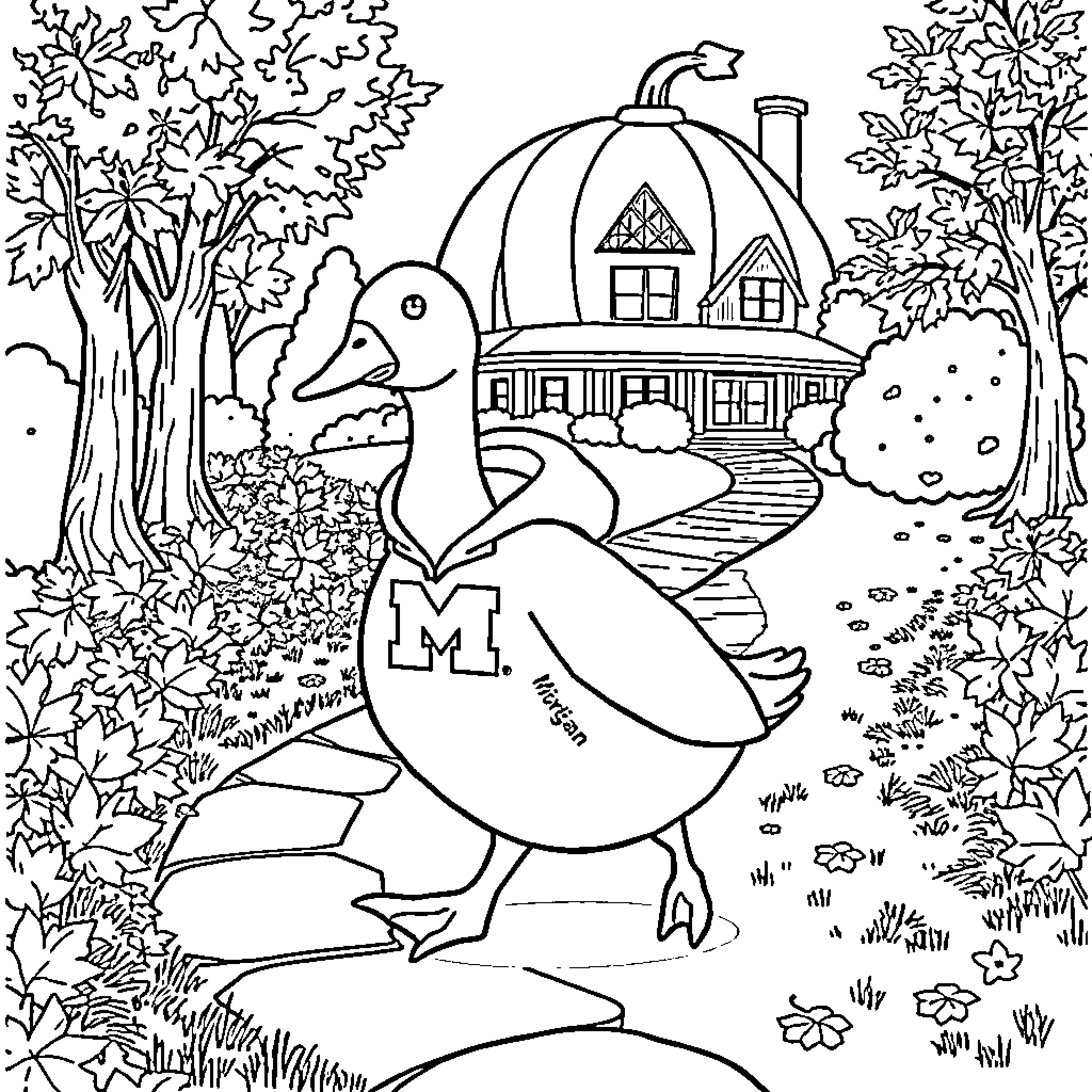 Goose Waddling Playfully Near Cozy Cottage Coloring Page (free black-and-white line drawing printable PDF for all, from beginners to advanced learners, including children, teens, adults, and seniors)