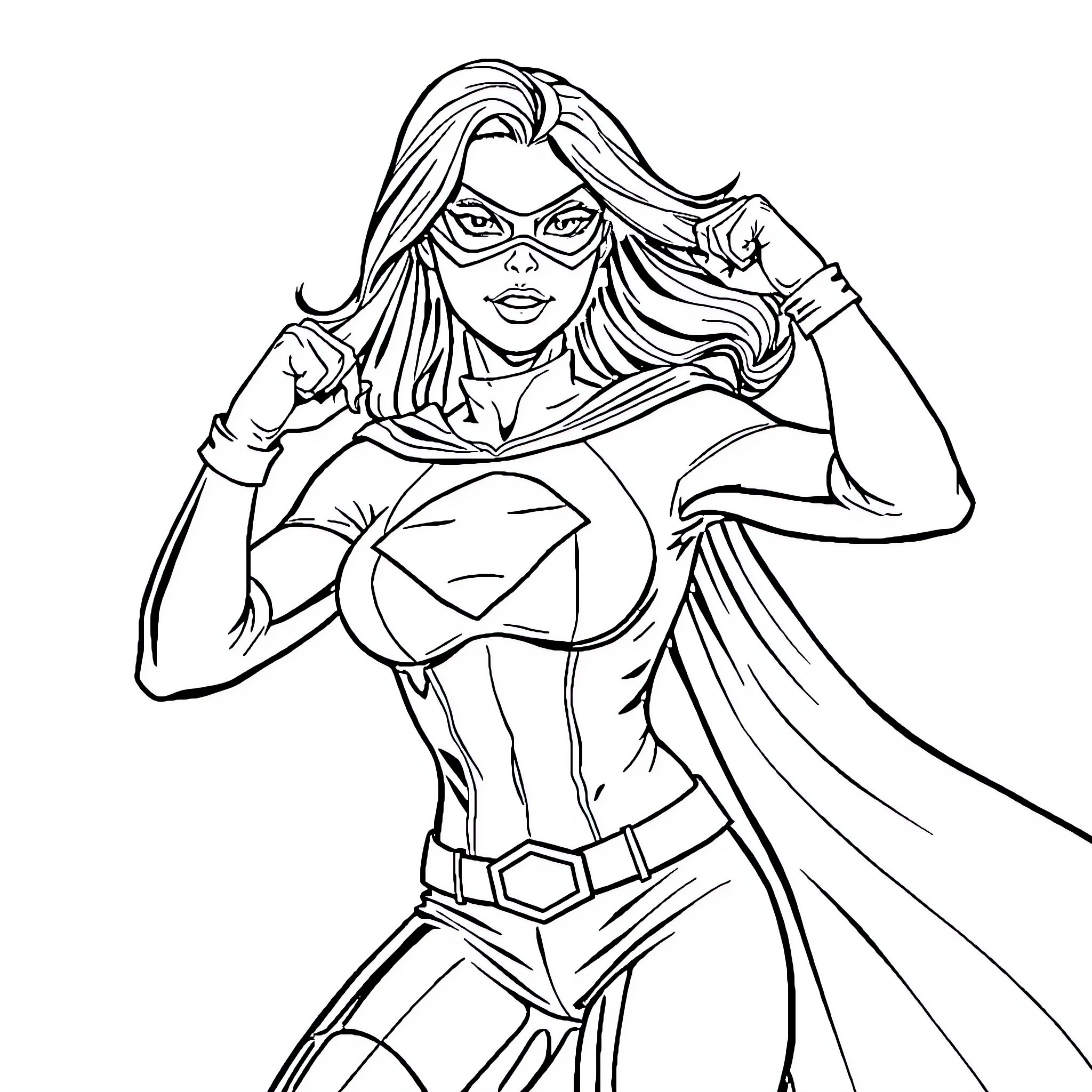 Woman in Heroic Pose with Confident Expression Coloring Page (free black-and-white line drawing printable PDF for all, from beginners to advanced learners, including children, teens, adults, and seniors)