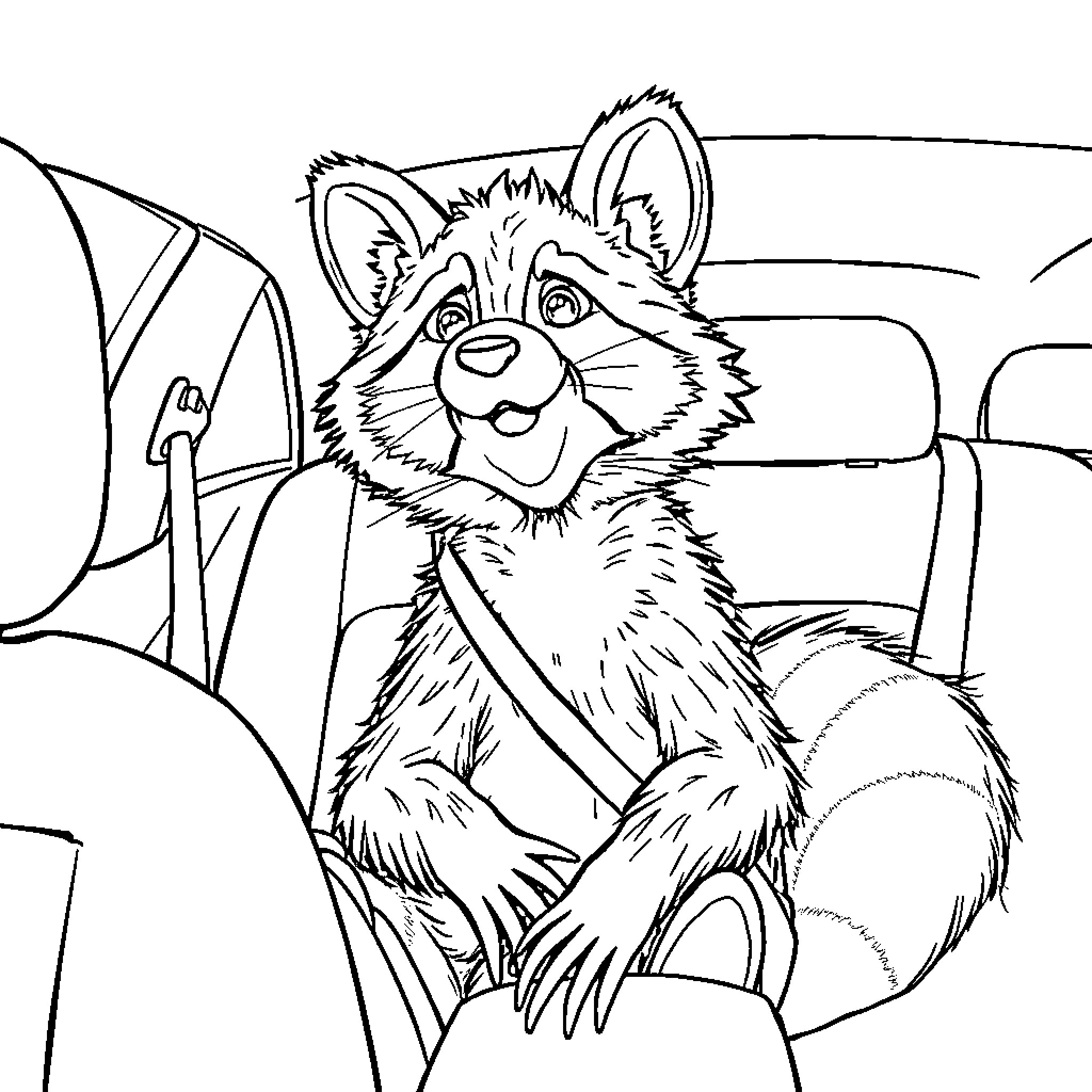 Raccoon riding in the vehicle Coloring Page (free black-and-white line drawing printable PDF for all, from beginners to advanced learners, including children, teens, adults, and seniors)