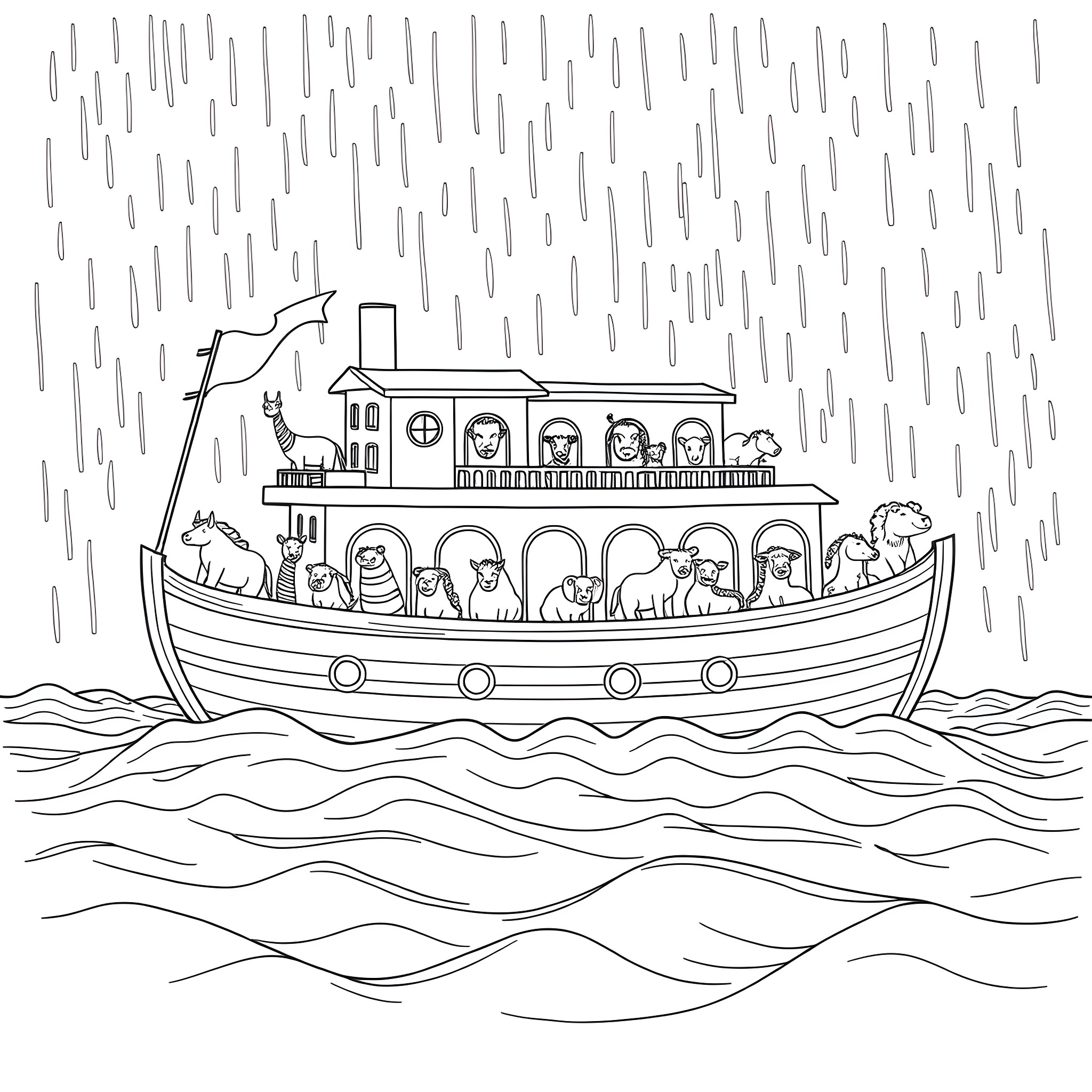 Noah's Ark Sailing Through the Stormy Seas Coloring Page (free black-and-white line drawing printable PDF for all, from beginners to advanced learners, including children, teens, adults, and seniors)