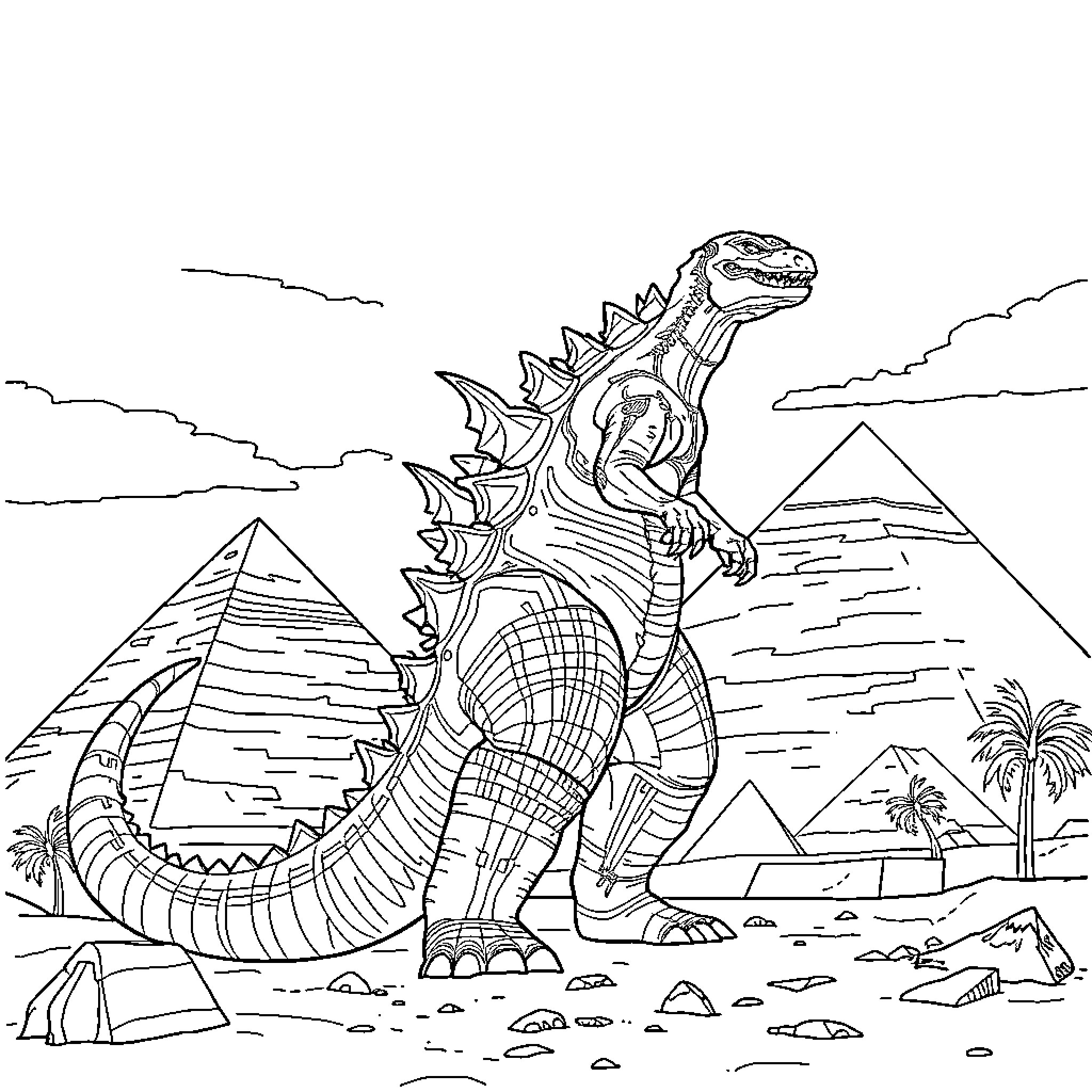 Godzilla stomping through ancient Egyptian ruins Coloring Page (free black-and-white line drawing printable PDF for all, from beginners to advanced learners, including children, teens, adults, and seniors)