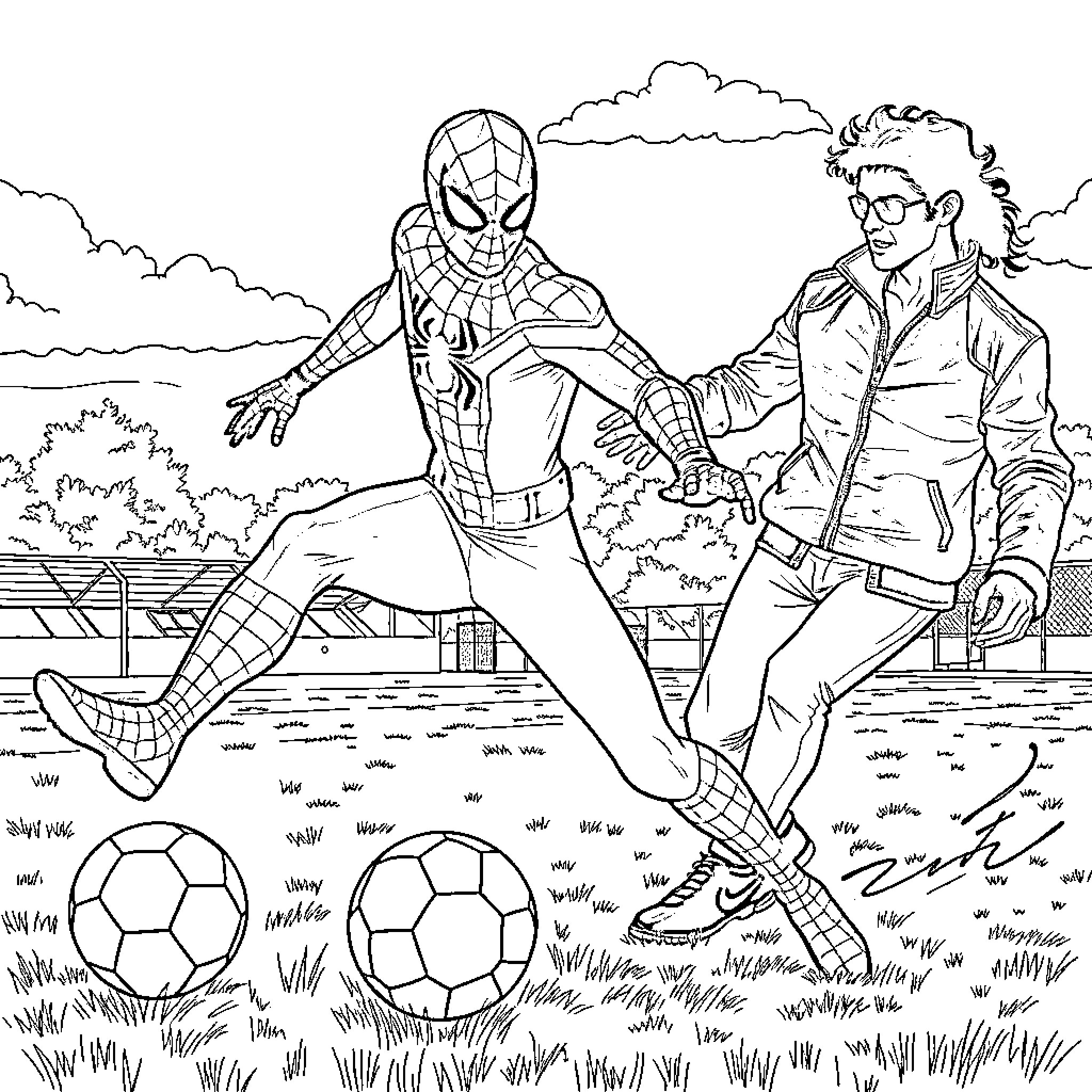 Spiderman playing soccer with another character Coloring Page (free black-and-white line drawing printable PDF for all, from beginners to advanced learners, including children, teens, adults, and seniors)
