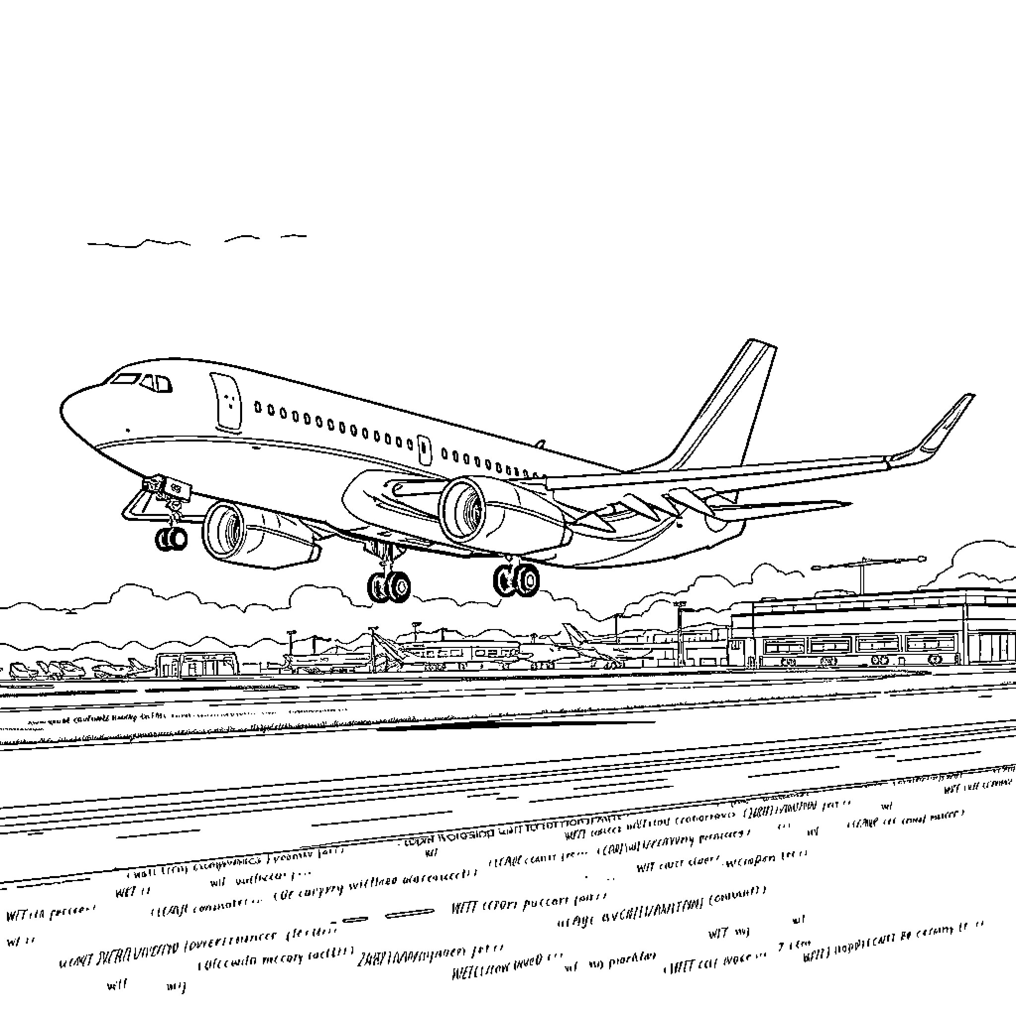 Plane Soaring Above City Landscape Coloring Page (free black-and-white line drawing printable PDF for all, from beginners to advanced learners, including children, teens, adults, and seniors)