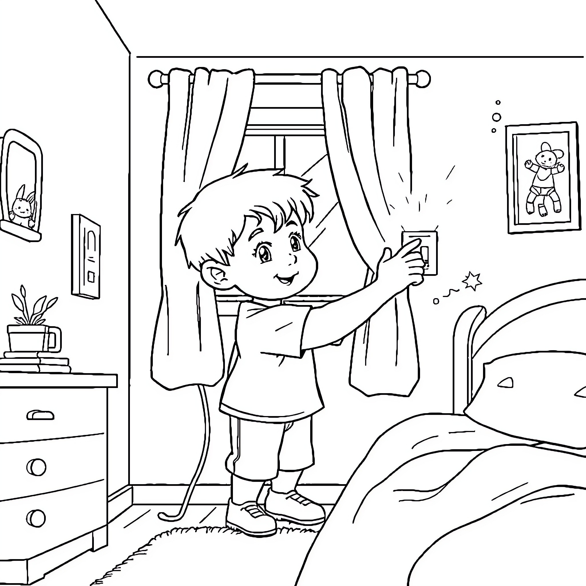 Boy waking up and stretching in his bedroom Coloring Page (free black-and-white line drawing printable PDF for all, from beginners to advanced learners, including children, teens, adults, and seniors)