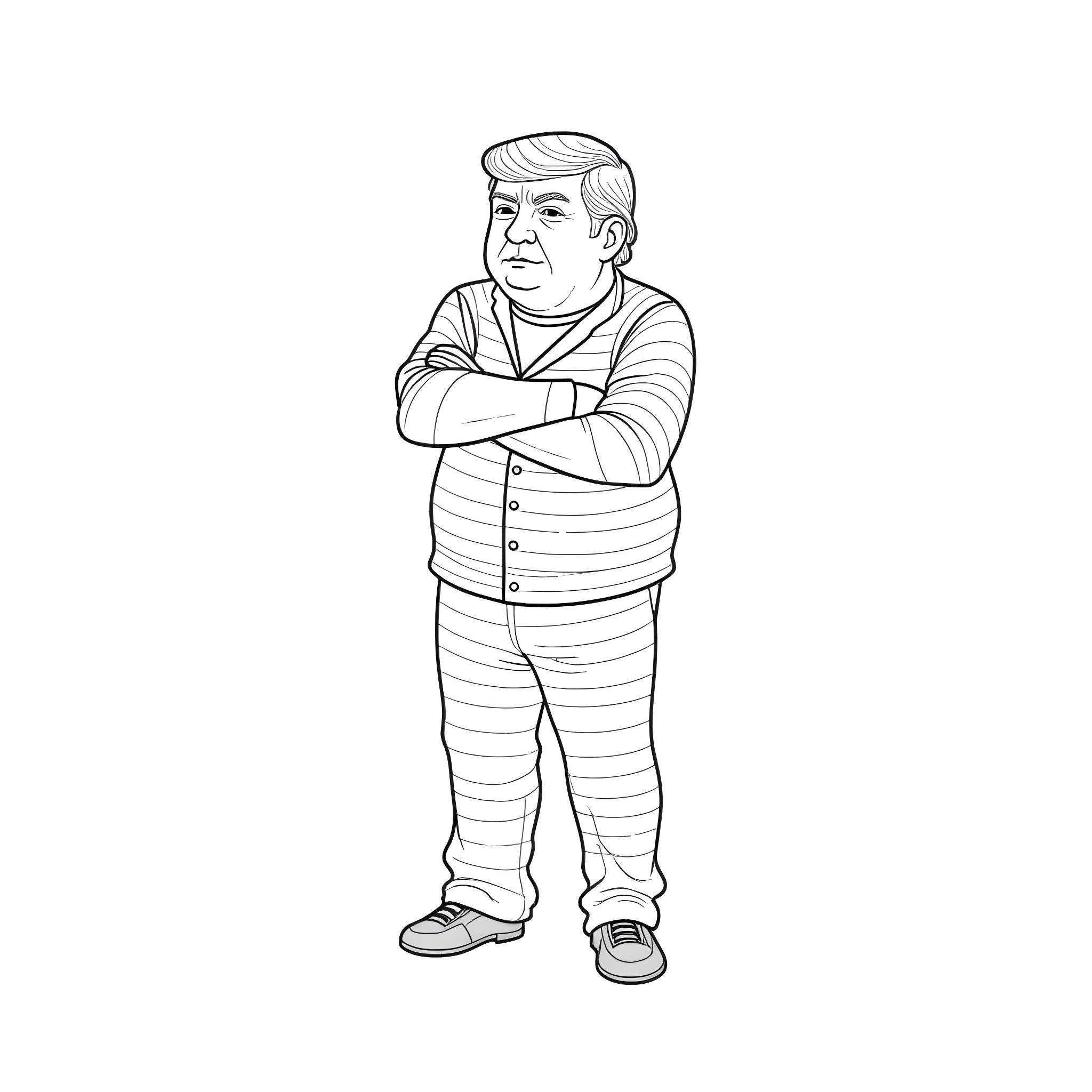 Donald Trump in striped prison uniform with arms crossed Coloring Page (free black-and-white line drawing printable PDF for all, from beginners to advanced learners, including children, teens, adults, and seniors)