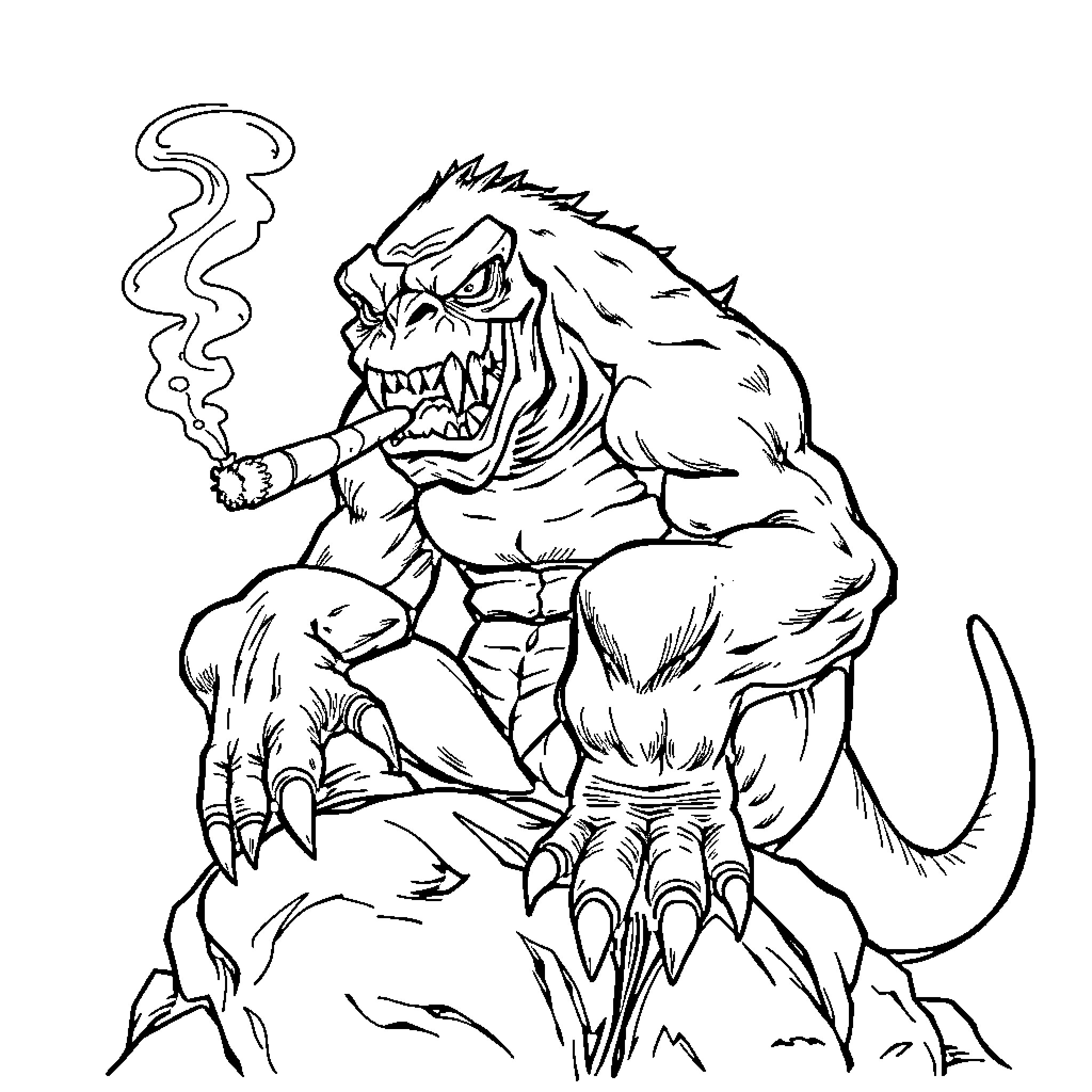 Monster Smoking Cigar with Fierce Appearance Coloring Page (free black-and-white line drawing printable PDF for all, from beginners to advanced learners, including children, teens, adults, and seniors)