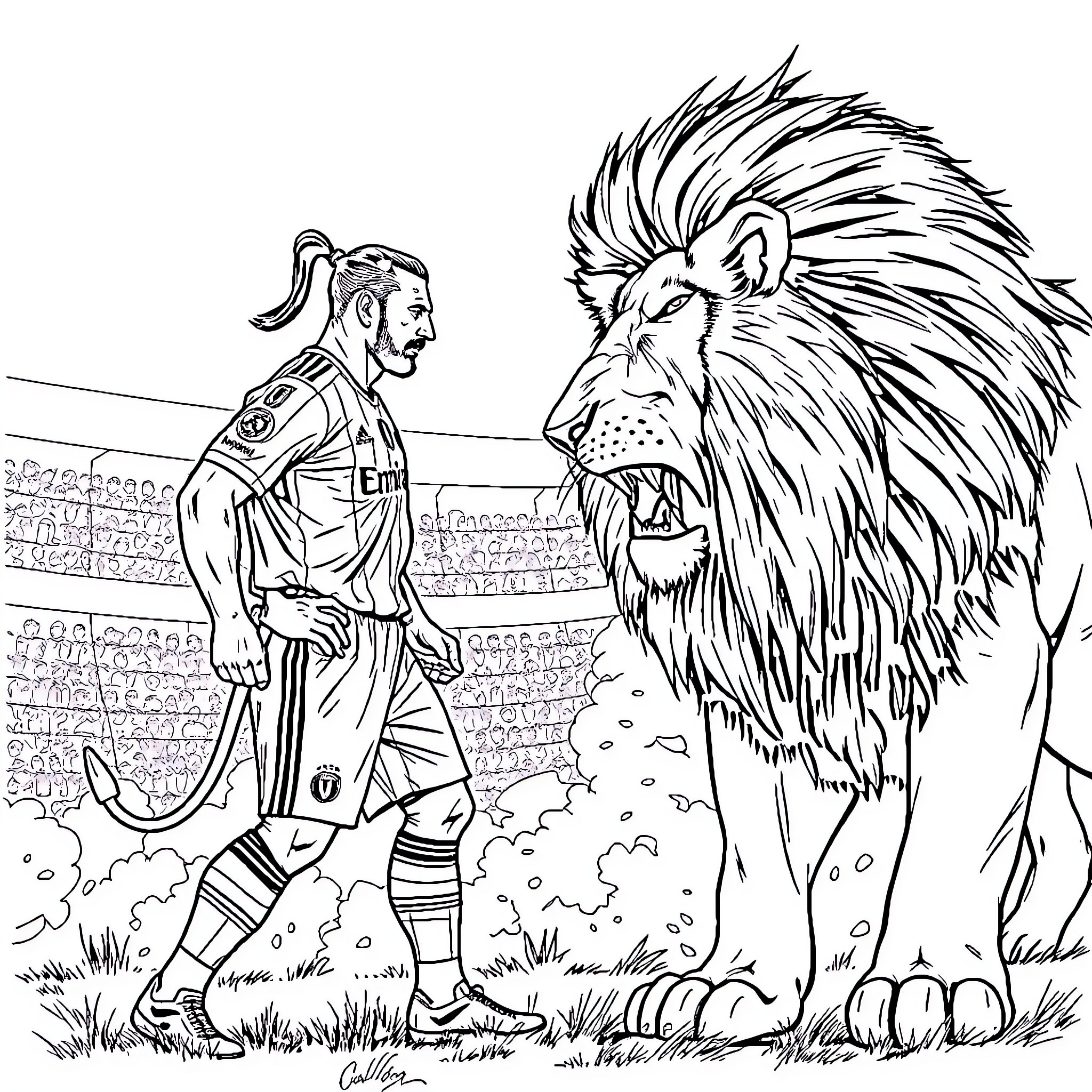 Zlatan Ibrahimovic confronting a fearsome lion Coloring Page (free black-and-white line drawing printable PDF for all, from beginners to advanced learners, including children, teens, adults, and seniors)