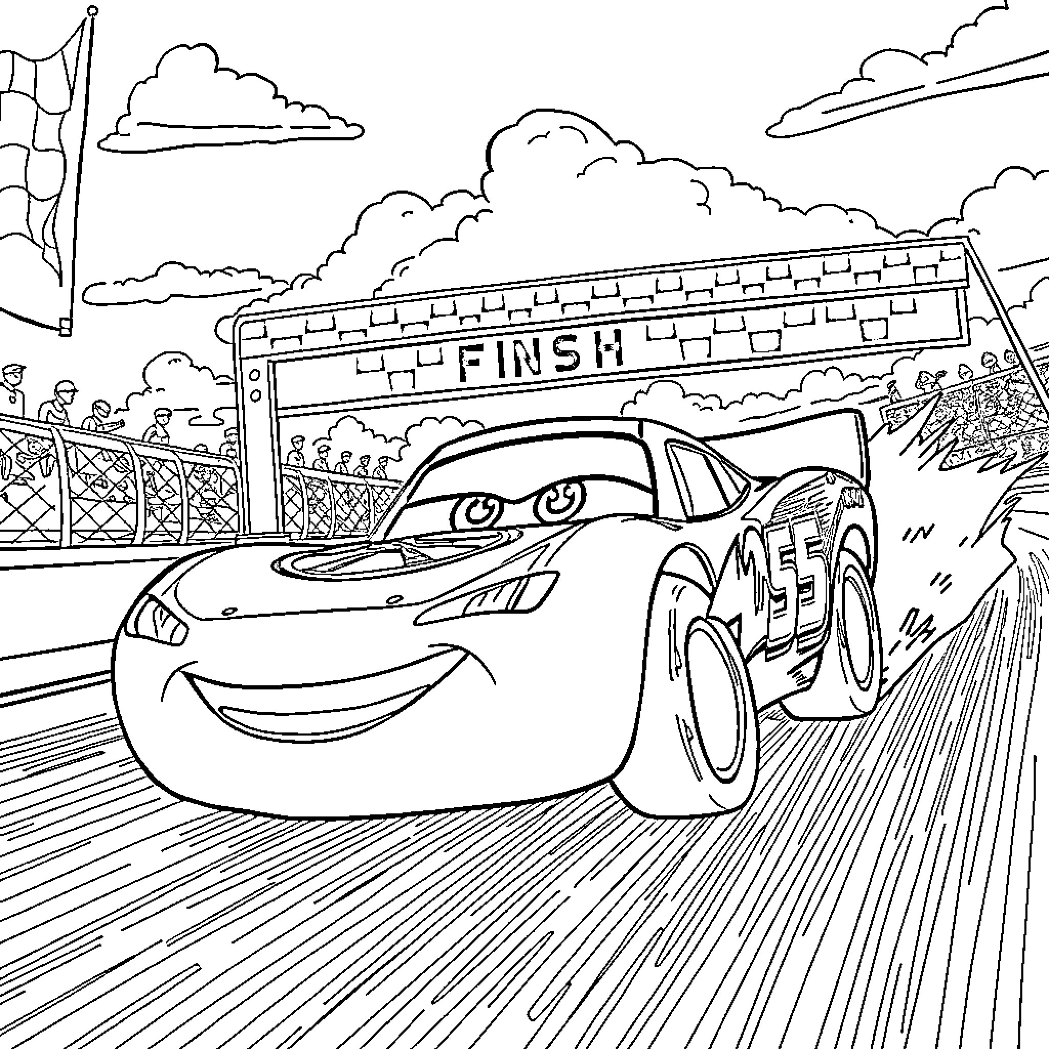 McQueen races to the finish line Coloring Page (free black-and-white line drawing printable PDF for all, from beginners to advanced learners, including children, teens, adults, and seniors)