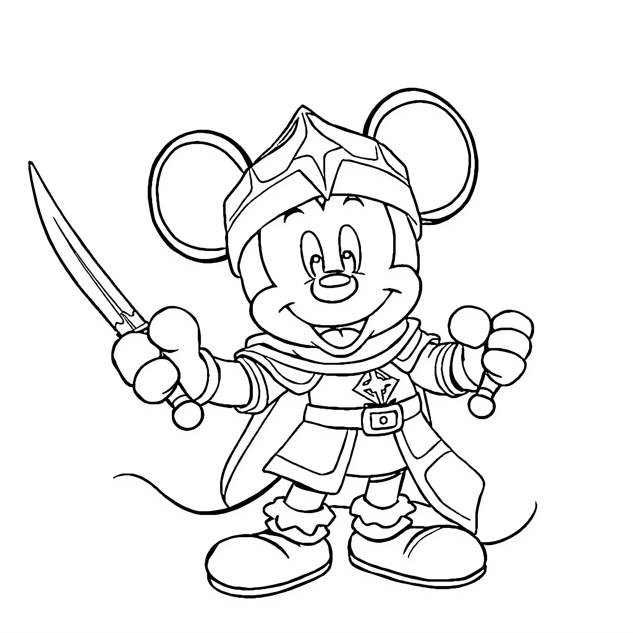 Mickey Mouse as a Pirate with Swords Coloring Page (free black-and-white line drawing printable PDF for all, from beginners to advanced learners, including children, teens, adults, and seniors)