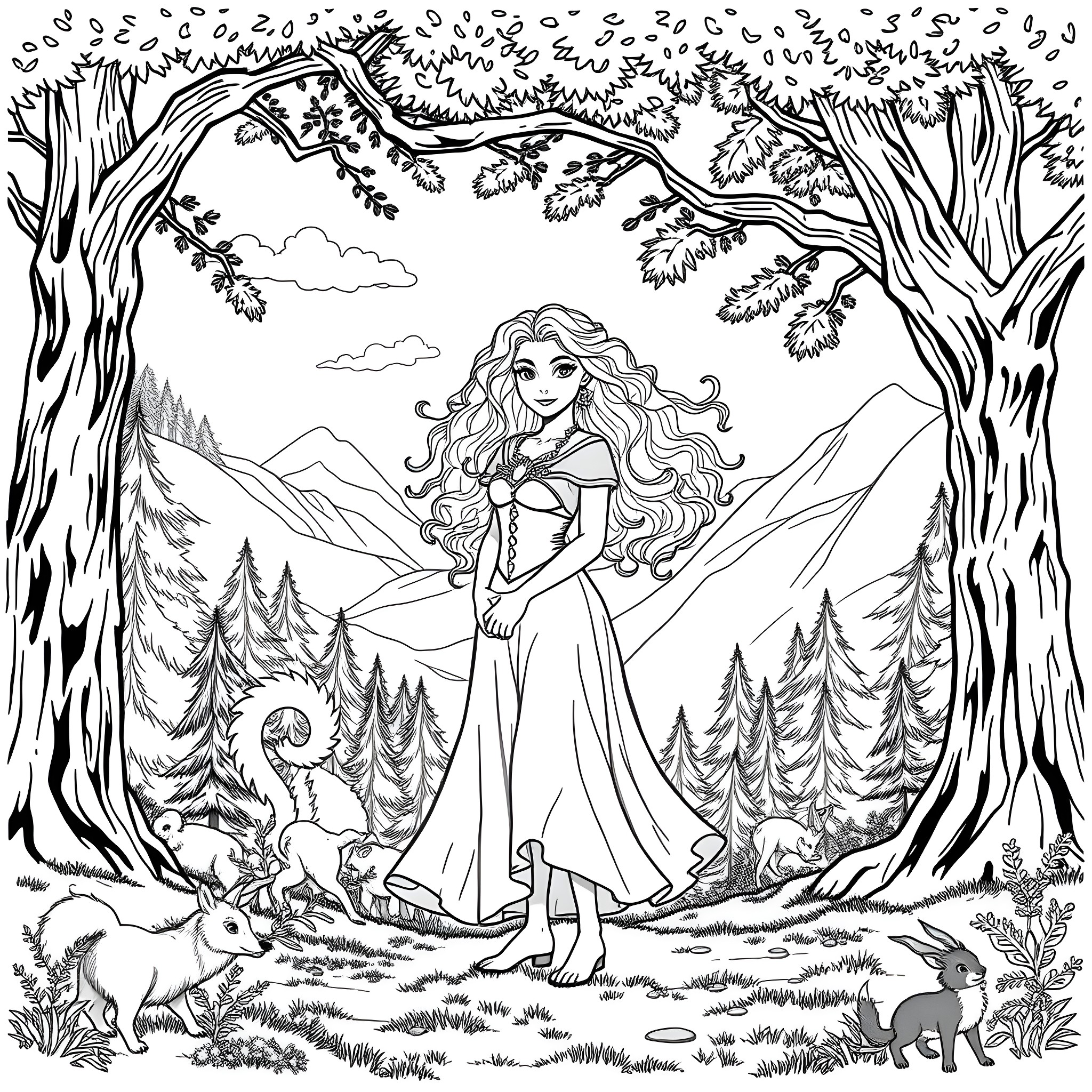 Merida exploring the enchanted forest with her animal companions Coloring Page (free black-and-white line drawing printable PDF for all, from beginners to advanced learners, including children, teens, adults, and seniors)