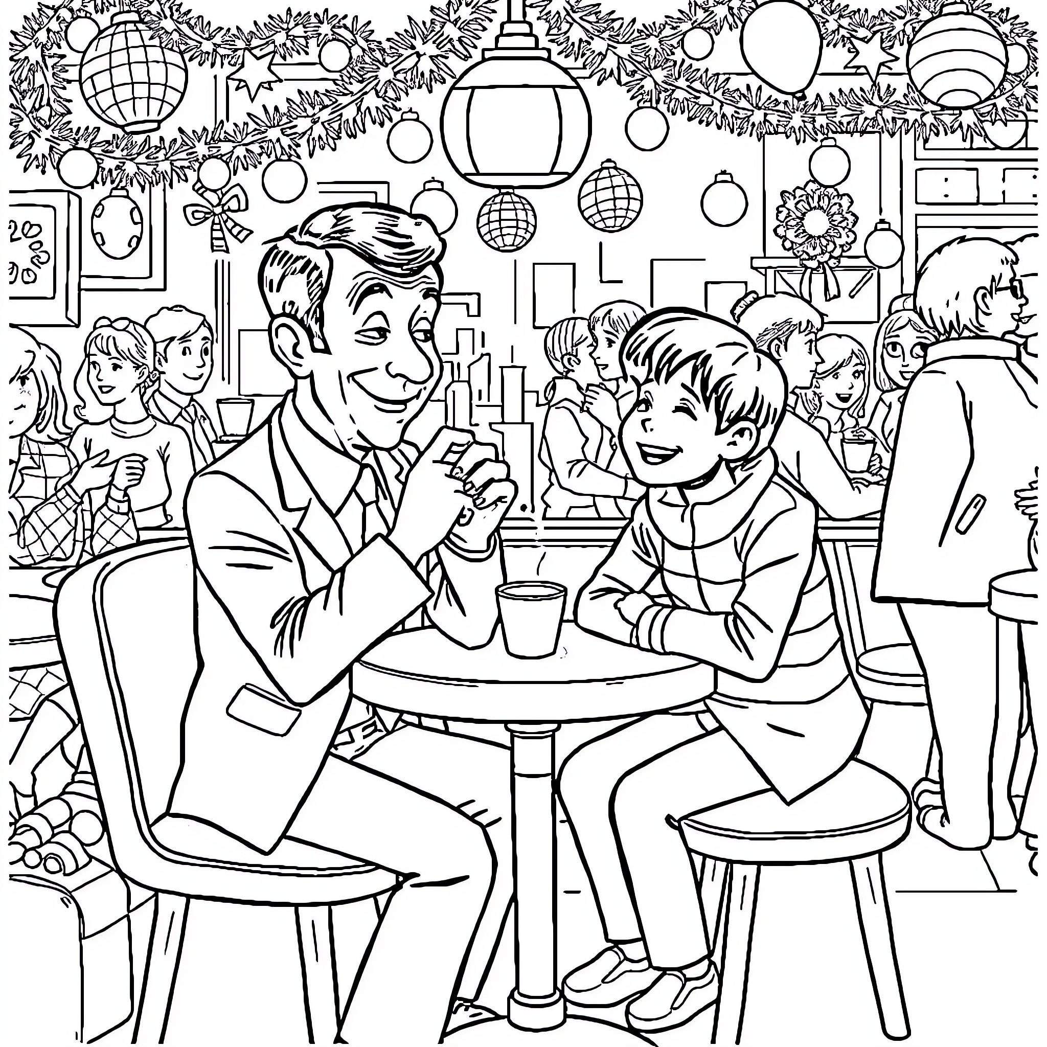 Mr Bean enjoying a cup of tea with a young boy Coloring Page (free black-and-white line drawing printable PDF for all, from beginners to advanced learners, including children, teens, adults, and seniors)