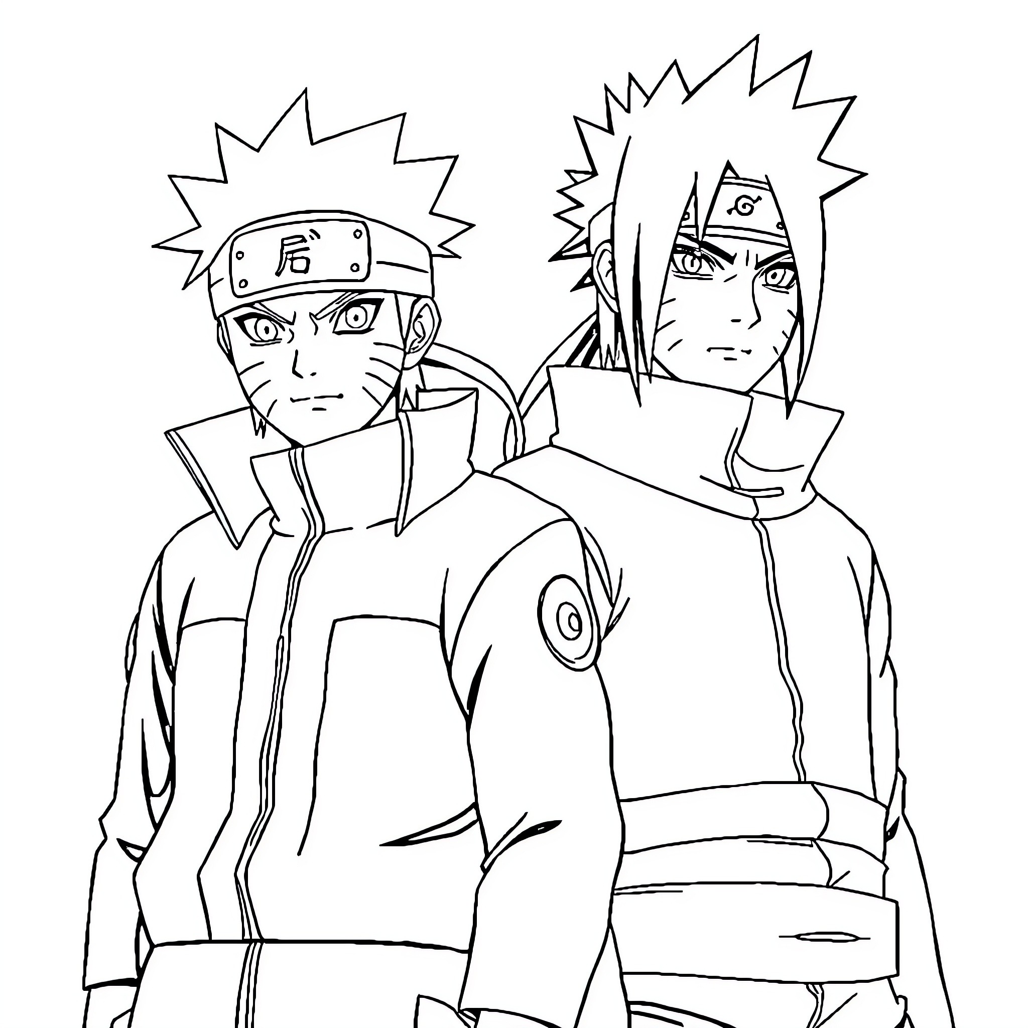 Naruto and Sasuke in Action Poses Coloring Page (free black-and-white line drawing printable PDF for all, from beginners to advanced learners, including children, teens, adults, and seniors)