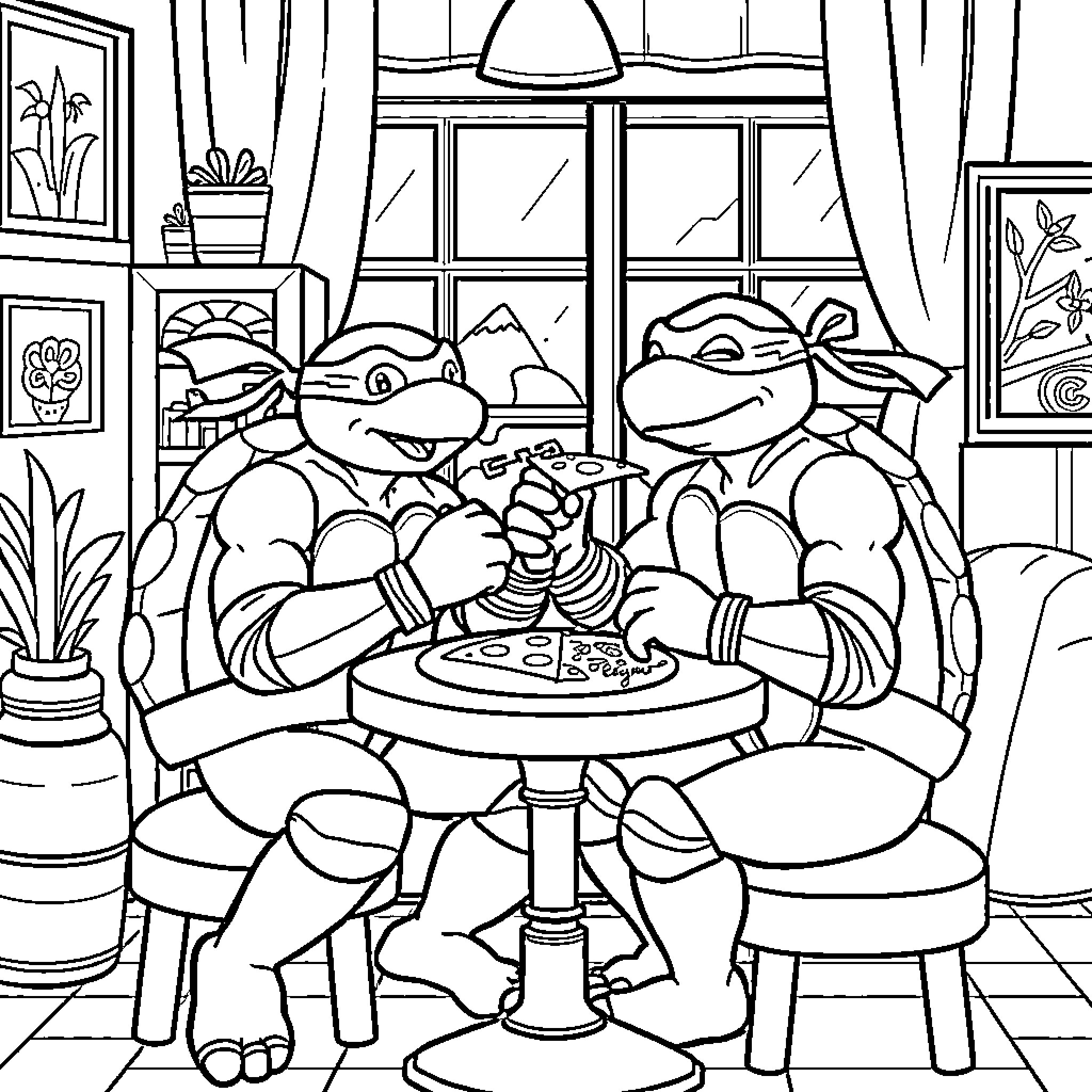 Motoraton Turtles Enjoy a Meal Together Coloring Page (free black-and-white line drawing printable PDF for all, from beginners to advanced learners, including children, teens, adults, and seniors)
