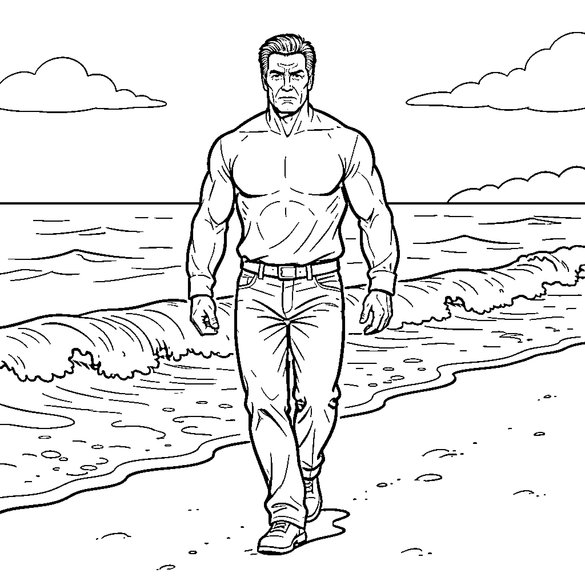 Arnold Schwarzenegger walking confidently along a sandy beach Coloring Page (free black-and-white line drawing printable PDF for all, from beginners to advanced learners, including children, teens, adults, and seniors)