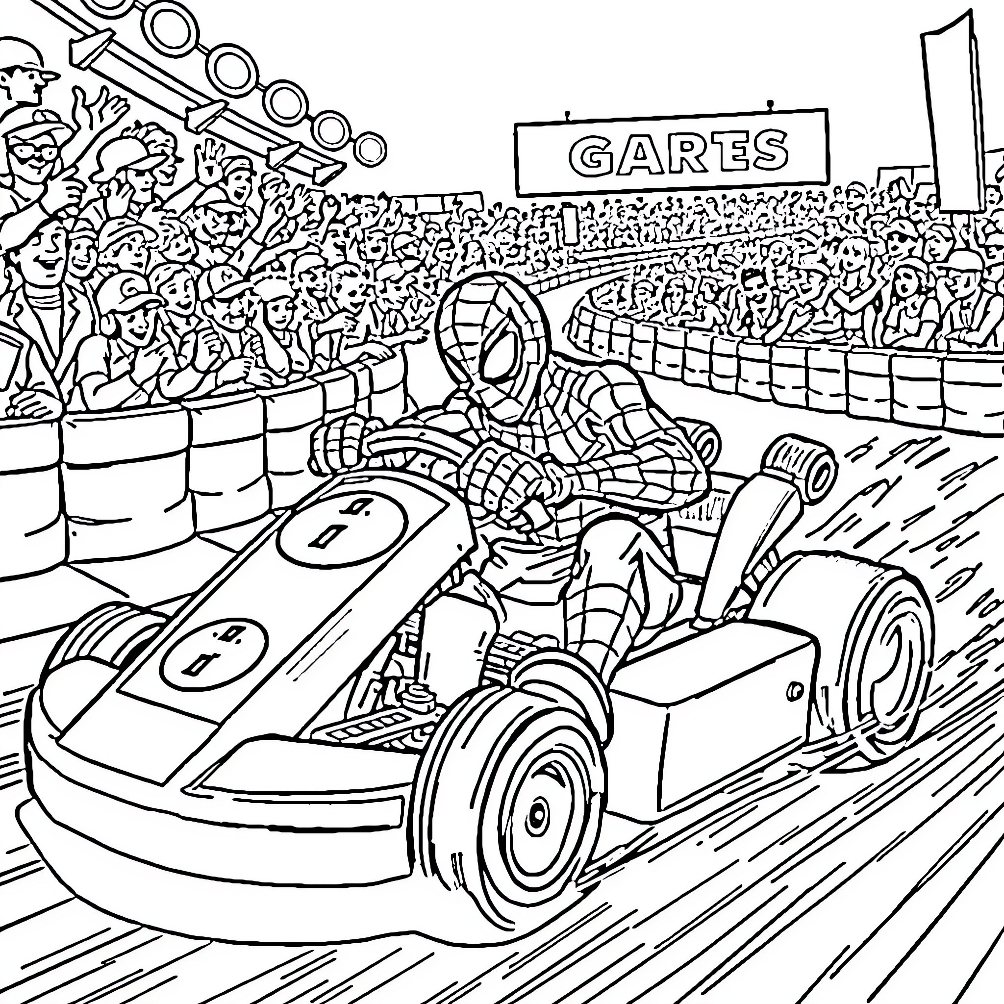 Spiderman racing in a high-speed Formula car Coloring Page (free black-and-white line drawing printable PDF for all, from beginners to advanced learners, including children, teens, adults, and seniors)