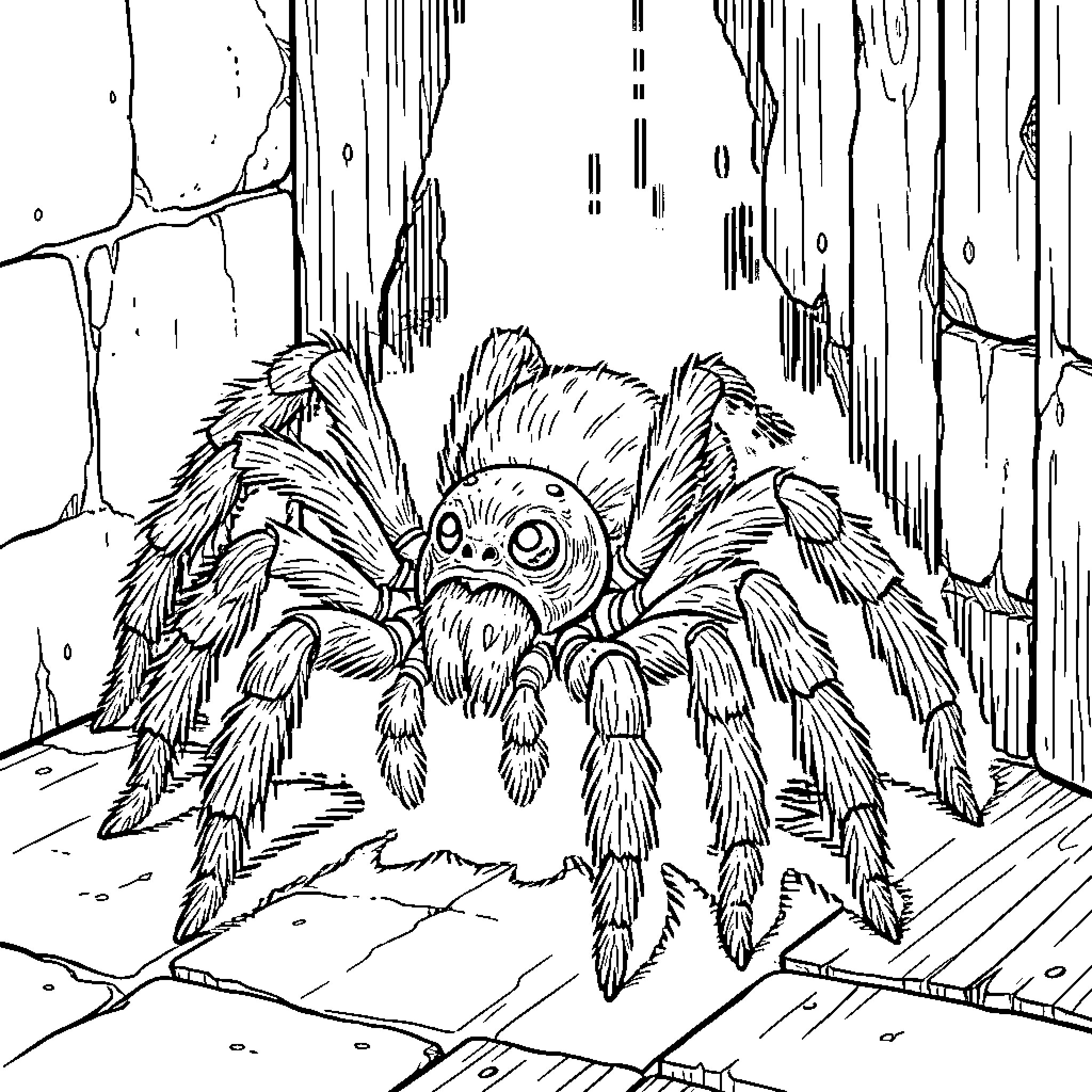 Manspider exploring the mysterious forest Coloring Page (free black-and-white line drawing printable PDF for all, from beginners to advanced learners, including children, teens, adults, and seniors)
