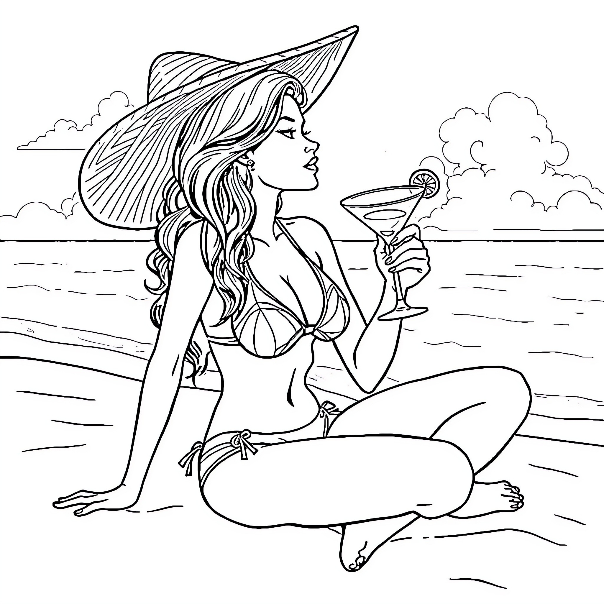Bikini Girl relaxing and drinking cocktail on the beach Coloring Page (free black-and-white line drawing printable PDF for all, from beginners to advanced learners, including children, teens, adults, and seniors)