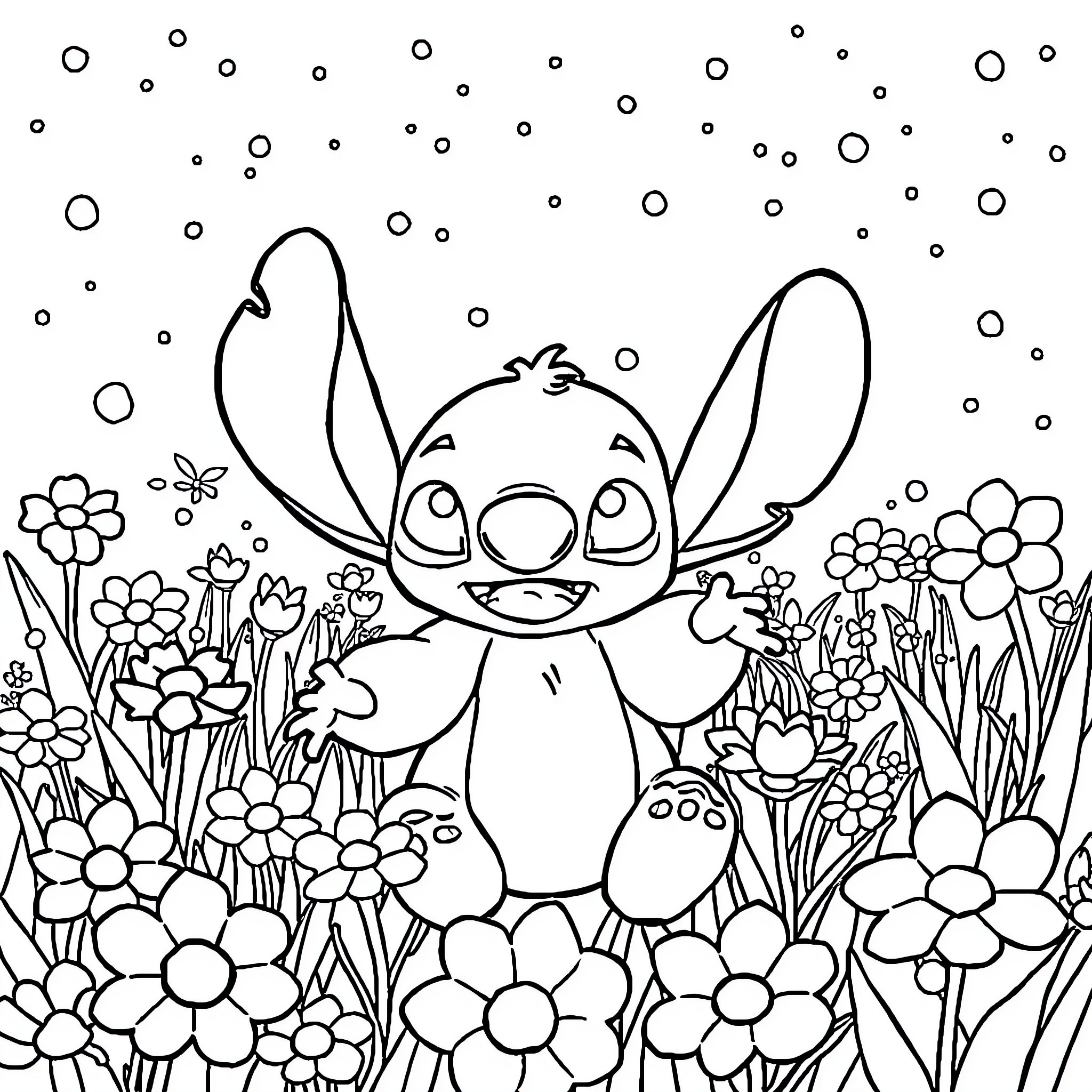 Unicorn Stitch playing amongst flowers Coloring Page (free black-and-white line drawing printable PDF for all, from beginners to advanced learners, including children, teens, adults, and seniors)