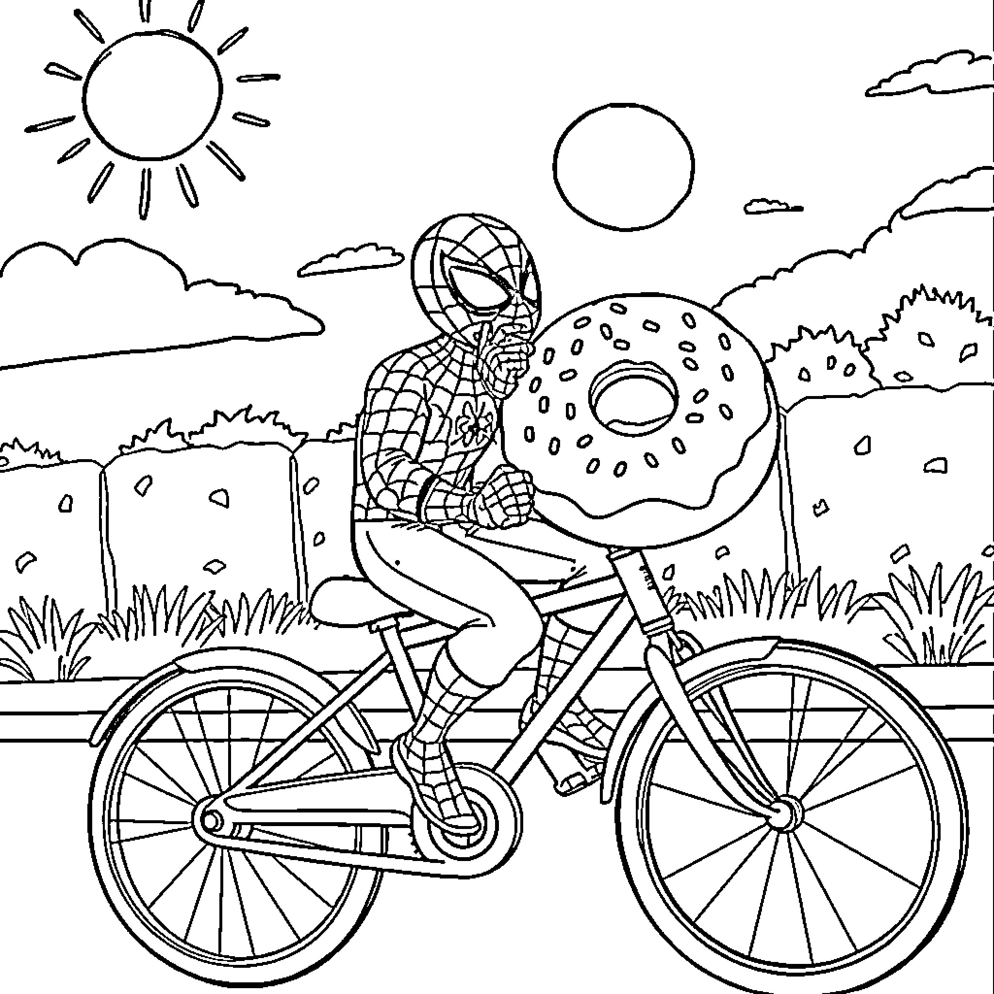 Spider-Man riding a bicycle through a scenic landscape Coloring Page (free black-and-white line drawing printable PDF for all, from beginners to advanced learners, including children, teens, adults, and seniors)