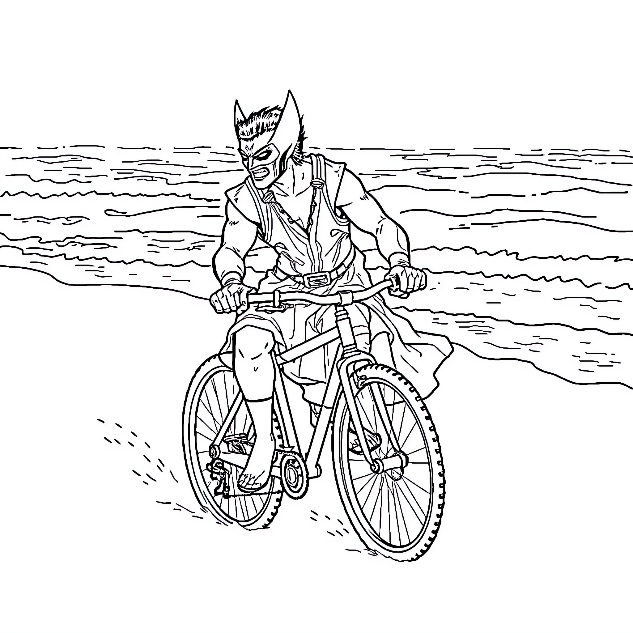 Wolverine riding a bicycle along the beach Coloring Page (free black-and-white line drawing printable PDF for all, from beginners to advanced learners, including children, teens, adults, and seniors)