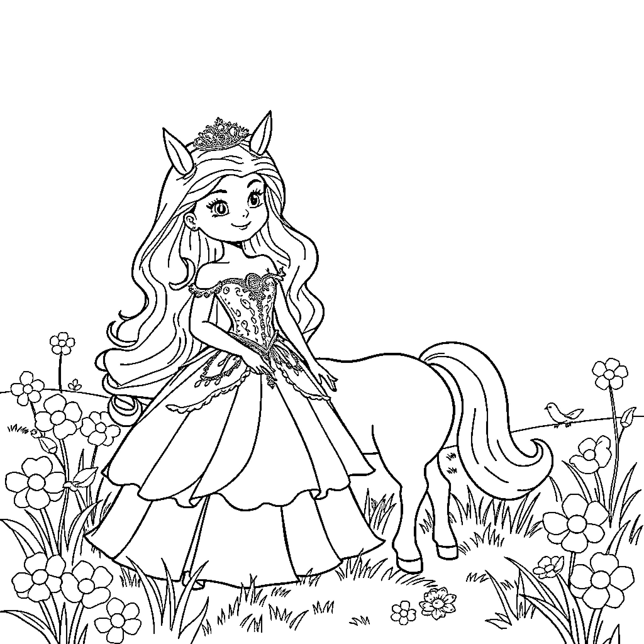 Princess in Elegant Dress Exploring Floral Meadow Coloring Page (free black-and-white line drawing printable PDF for all, from beginners to advanced learners, including children, teens, adults, and seniors)