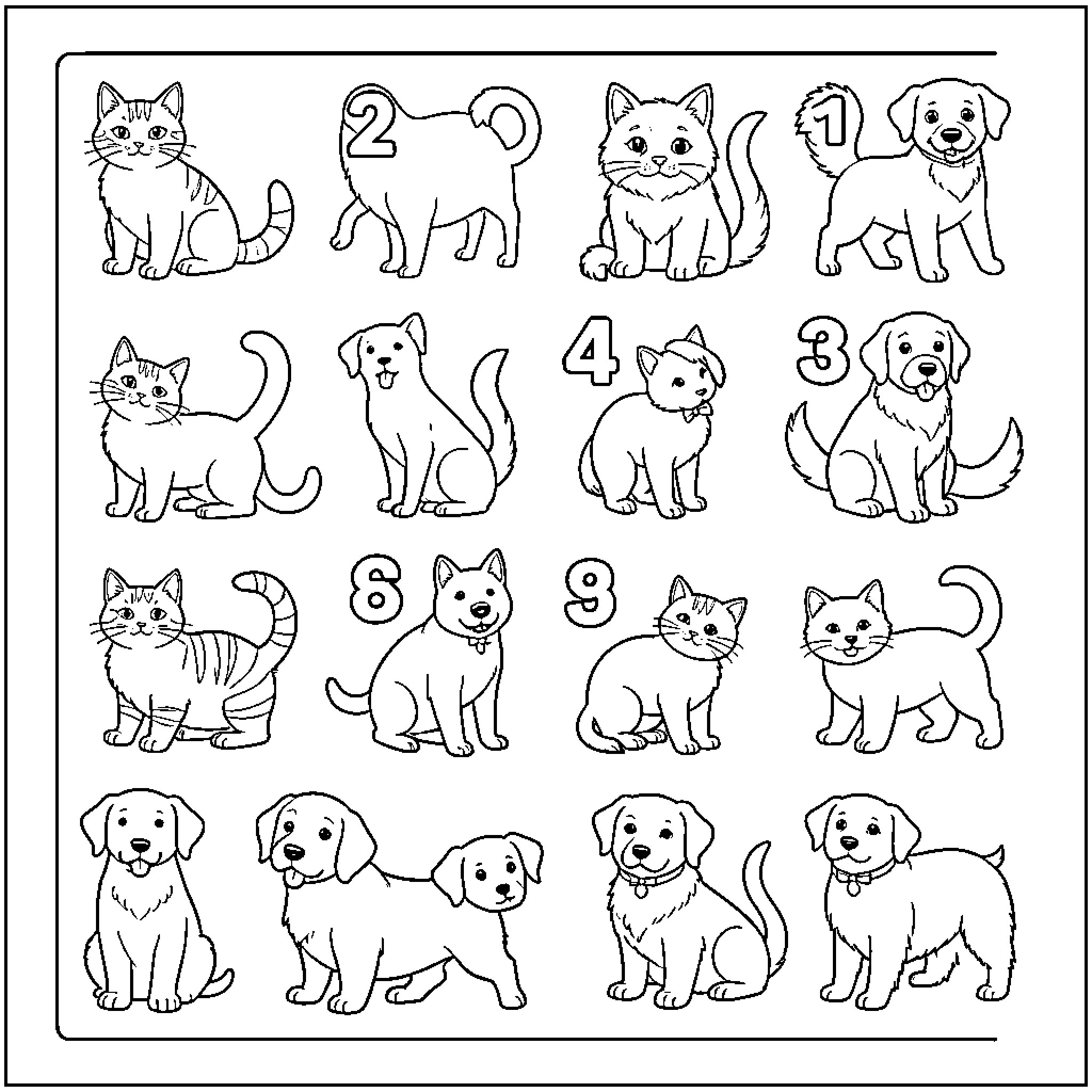 Animal characters posing with numbers in a grid Coloring Page (free black-and-white line drawing printable PDF for all, from beginners to advanced learners, including children, teens, adults, and seniors)