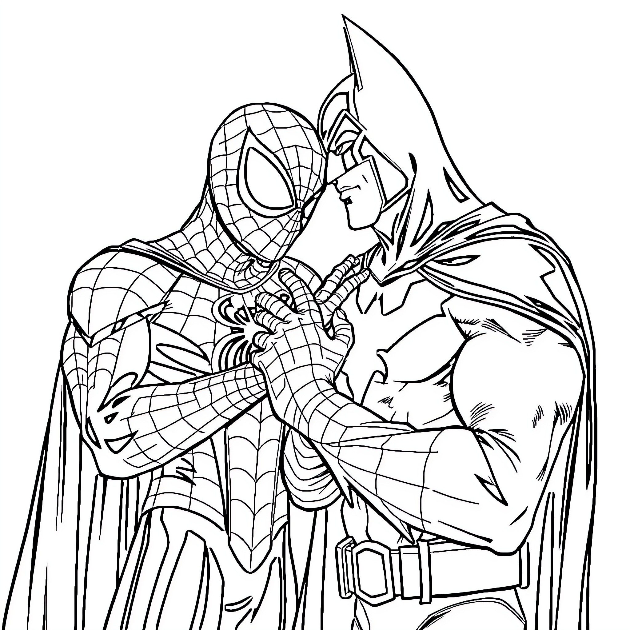 Spider-Man and Batman in epic battle stance Coloring Page (free black-and-white line drawing printable PDF for all, from beginners to advanced learners, including children, teens, adults, and seniors)