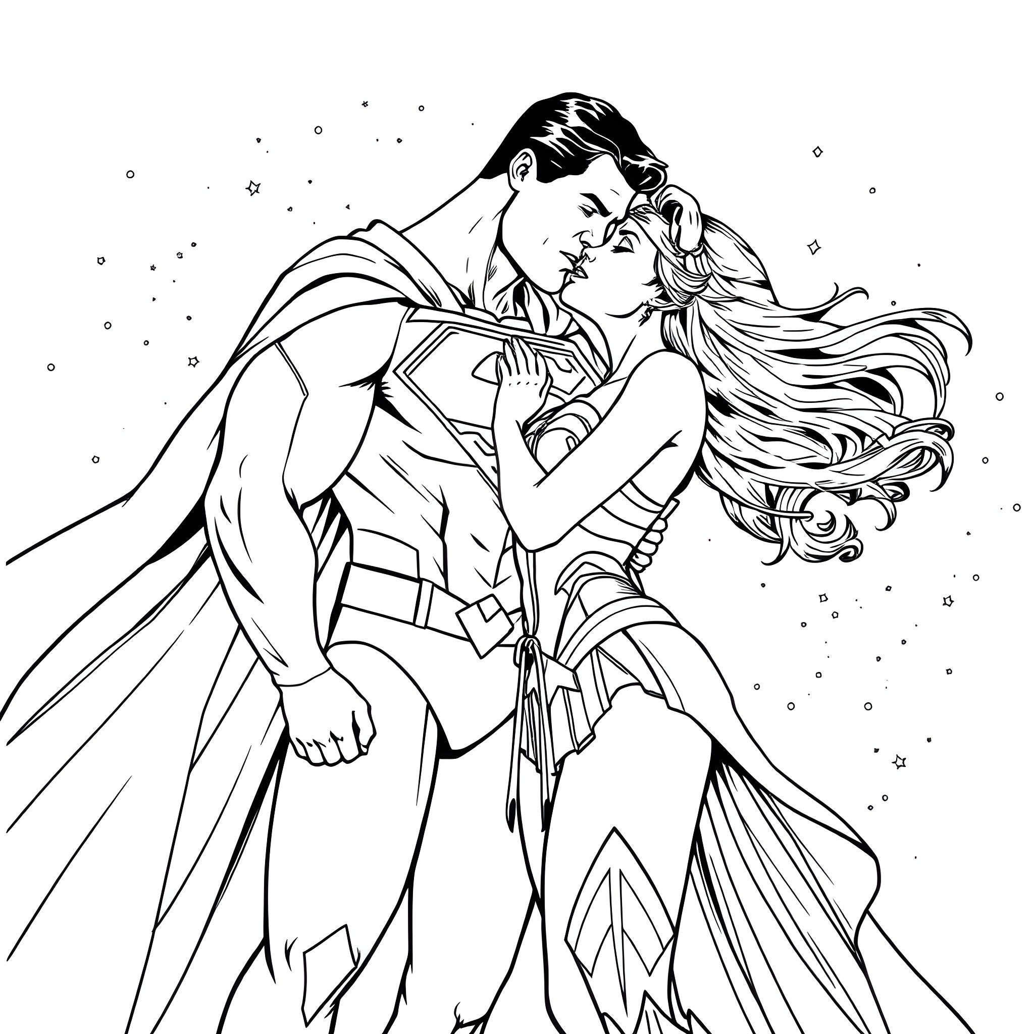 Superman embracing his beloved in a starry night Coloring Page (free black-and-white line drawing printable PDF for all, from beginners to advanced learners, including children, teens, adults, and seniors)