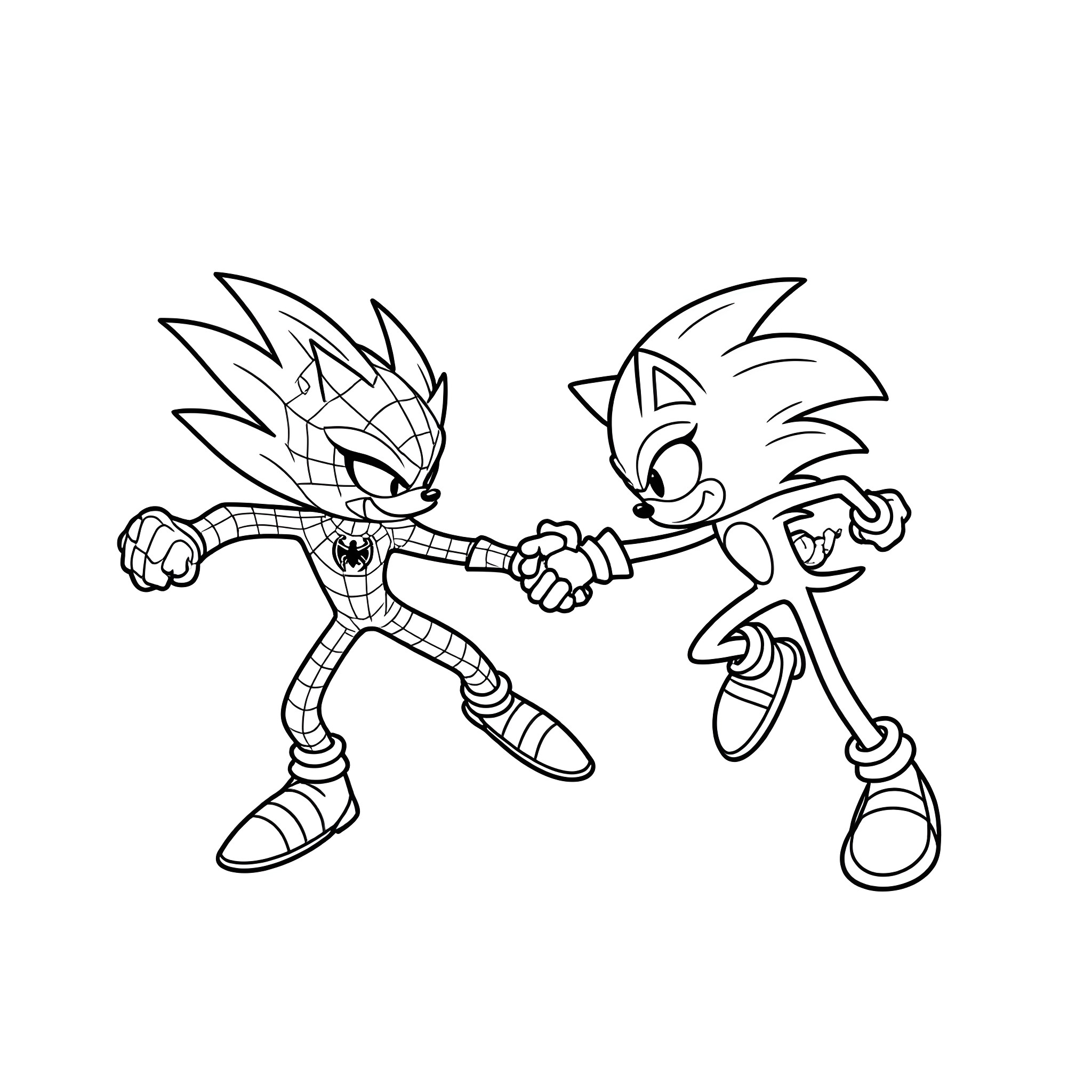 Spiderman/Sonic Hybrid fighting and interacting in an energetic pose Coloring Page (free black-and-white line drawing printable PDF for all, from beginners to advanced learners, including children, teens, adults, and seniors)