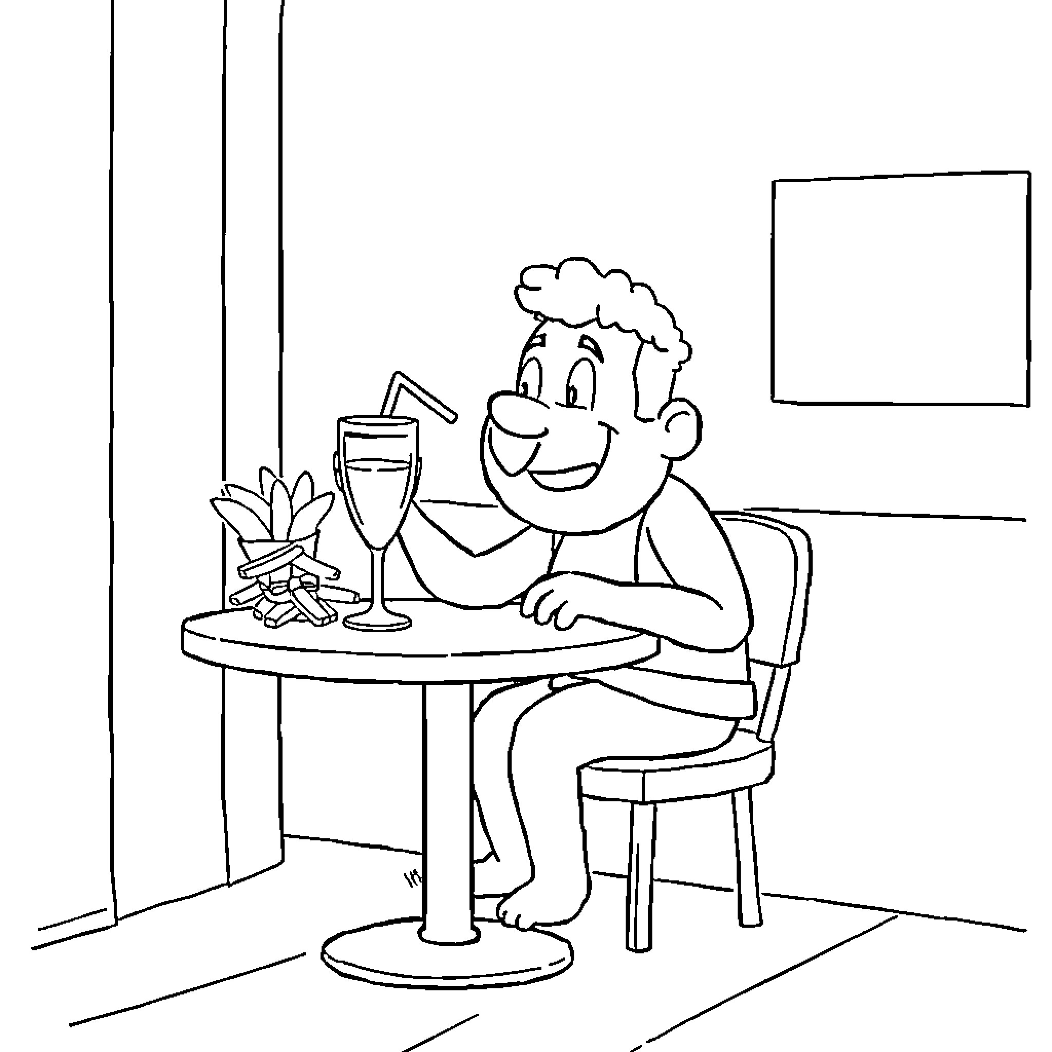 Hiroshi enjoying a refreshing beverage in a casual setting Coloring Page (free black-and-white line drawing printable PDF for all, from beginners to advanced learners, including children, teens, adults, and seniors)