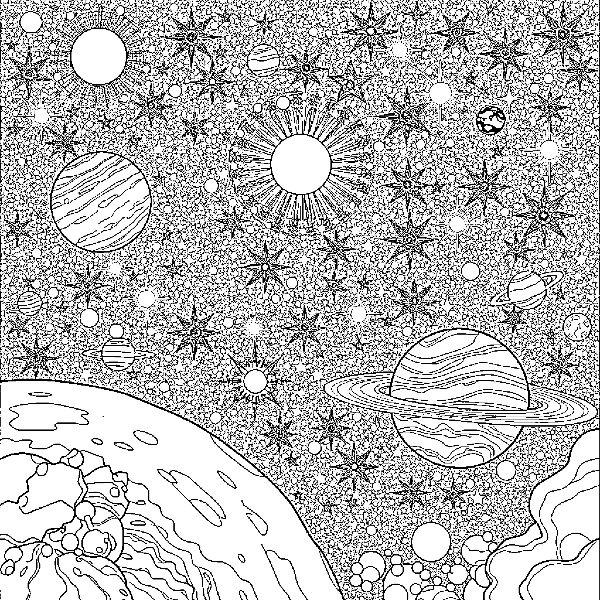 Solar System filled with decorative celestial objects Coloring Page (free black-and-white line drawing printable PDF for all, from beginners to advanced learners, including children, teens, adults, and seniors)