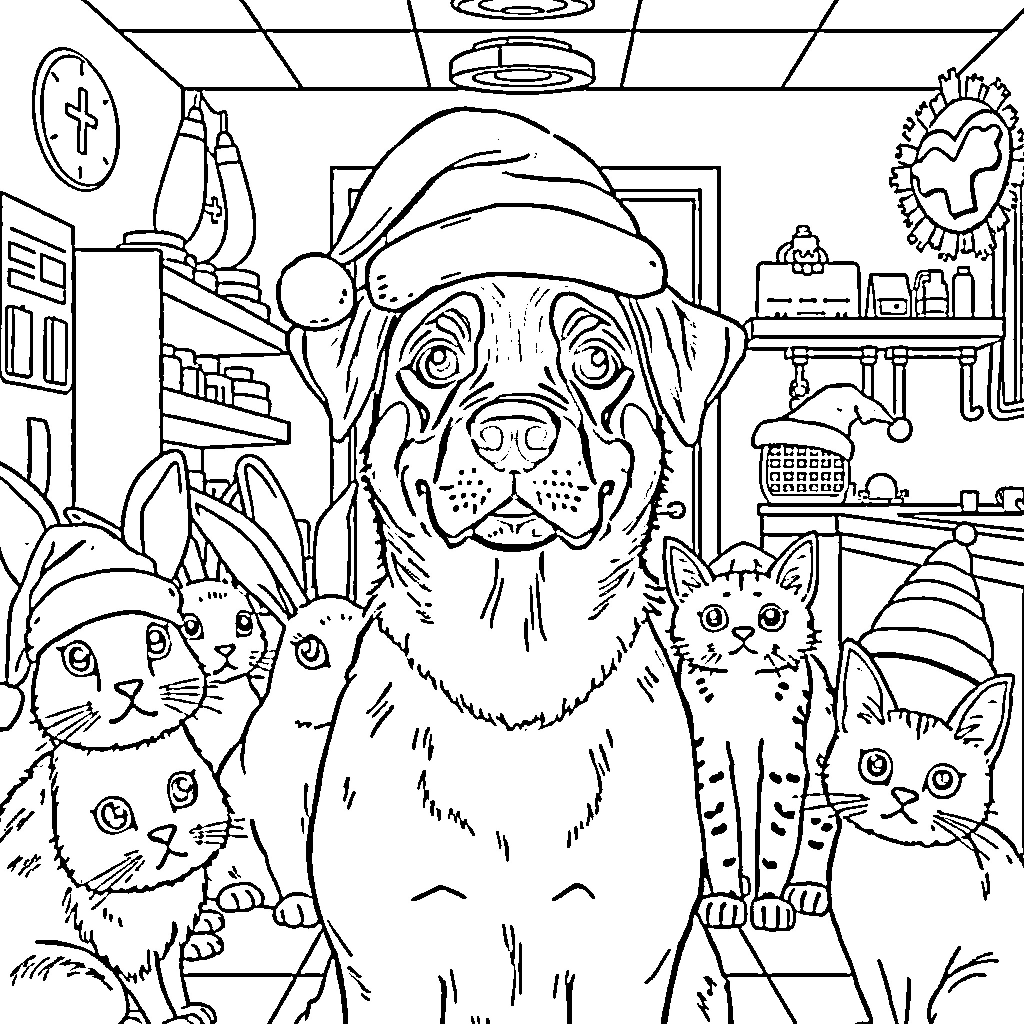 Dog and cats in festive outfits at home Coloring Page (free black-and-white line drawing printable PDF for all, from beginners to advanced learners, including children, teens, adults, and seniors)