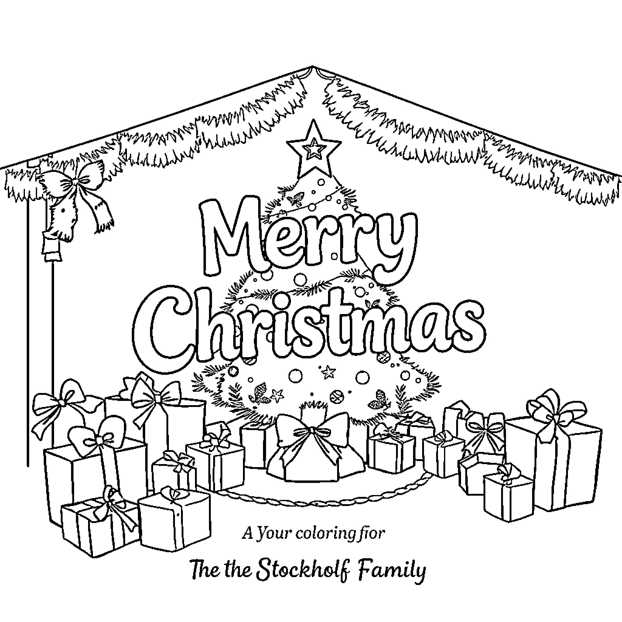 Stockhoff Family Christmas Celebration Coloring Page (free black-and-white line drawing printable PDF for all, from beginners to advanced learners, including children, teens, adults, and seniors)