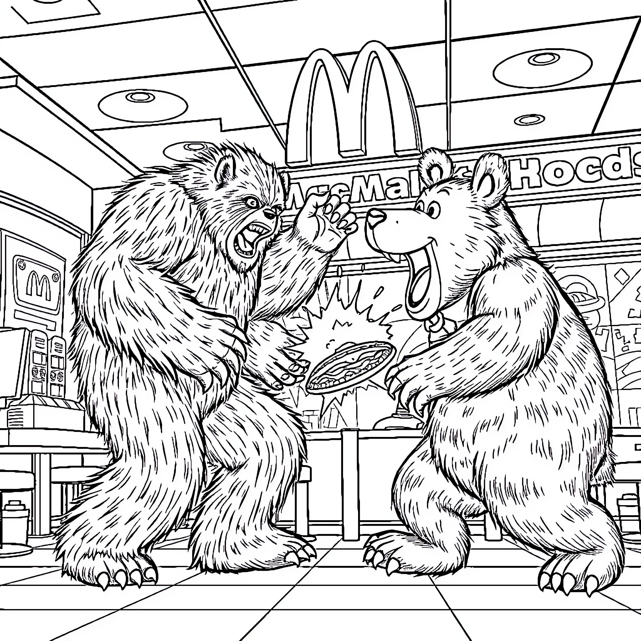 Sasquatch squabble at the fast food joint Coloring Page (free black-and-white line drawing printable PDF for all, from beginners to advanced learners, including children, teens, adults, and seniors)