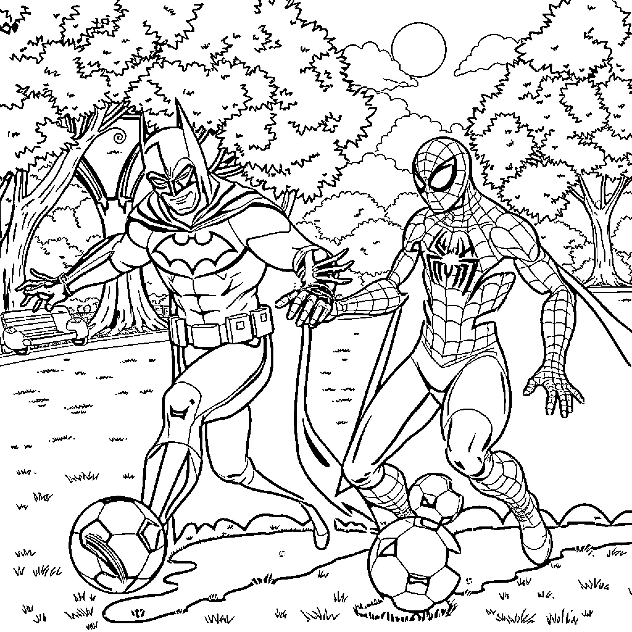 Batman and Spiderman playing soccer in the park Coloring Page (free black-and-white line drawing printable PDF for all, from beginners to advanced learners, including children, teens, adults, and seniors)