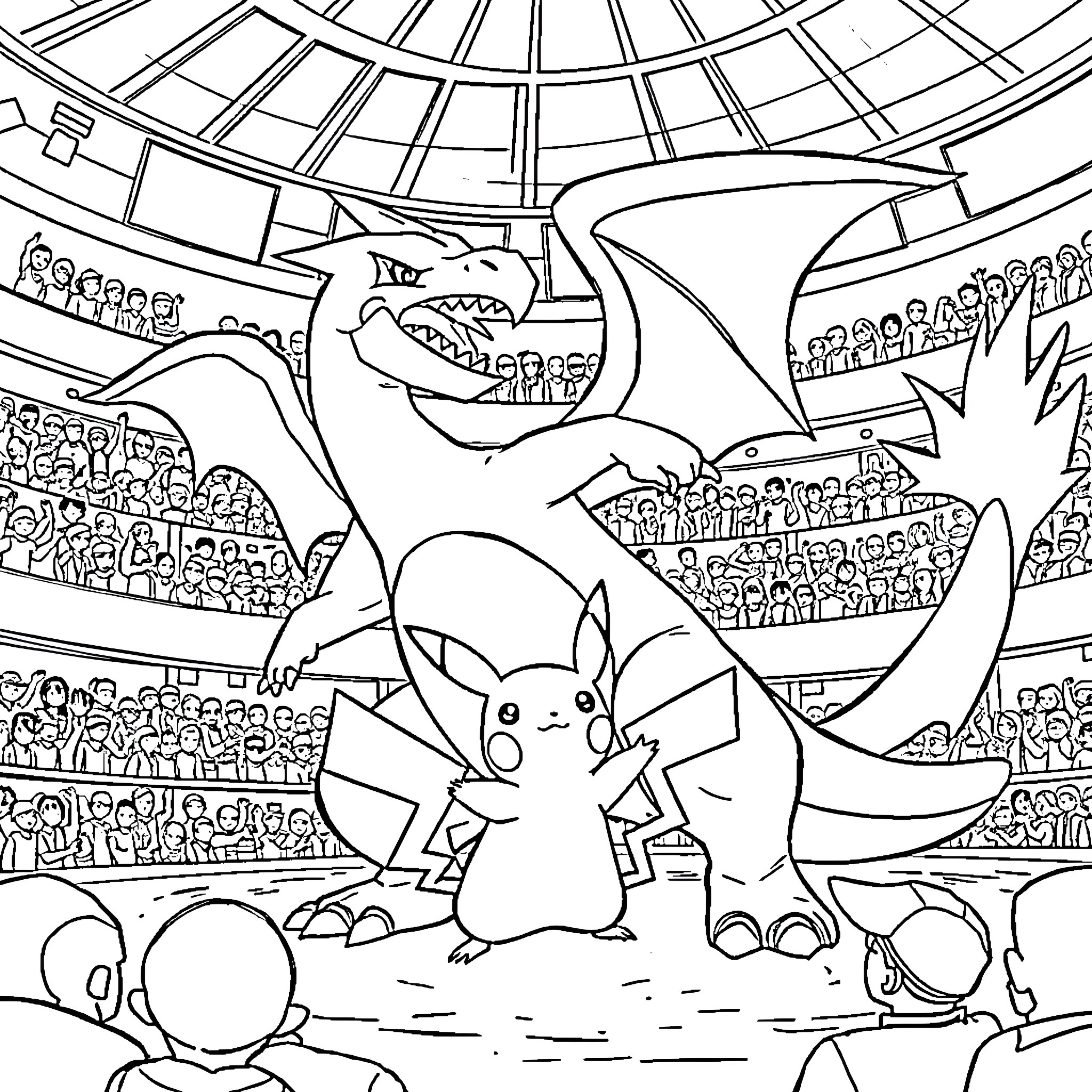 Charizard and Pikachu Battling in the Arena Coloring Page (free black-and-white line drawing printable PDF for all, from beginners to advanced learners, including children, teens, adults, and seniors)