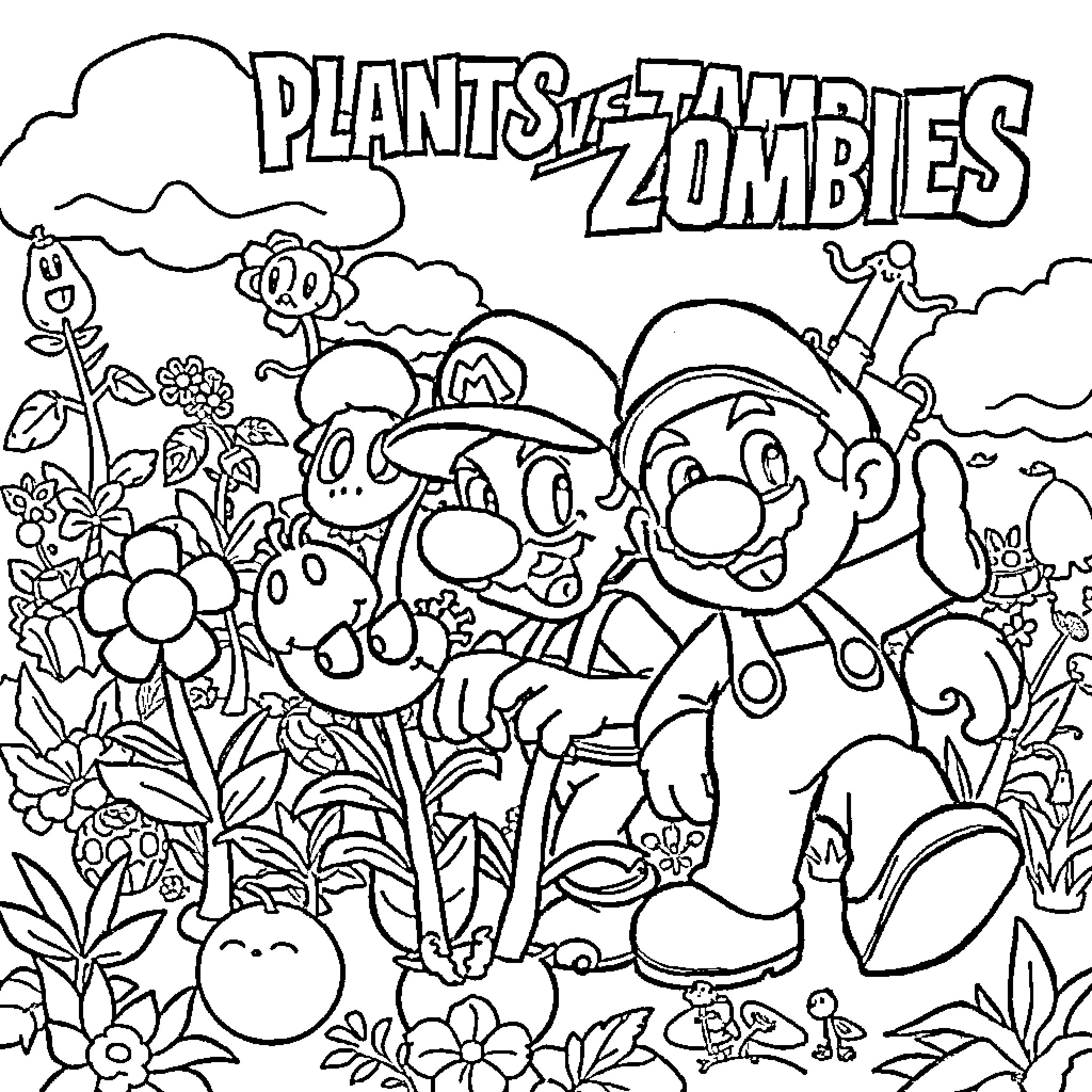 Plants and Zombies in a Whimsical Garden Coloring Page (free black-and-white line drawing printable PDF for all, from beginners to advanced learners, including children, teens, adults, and seniors)