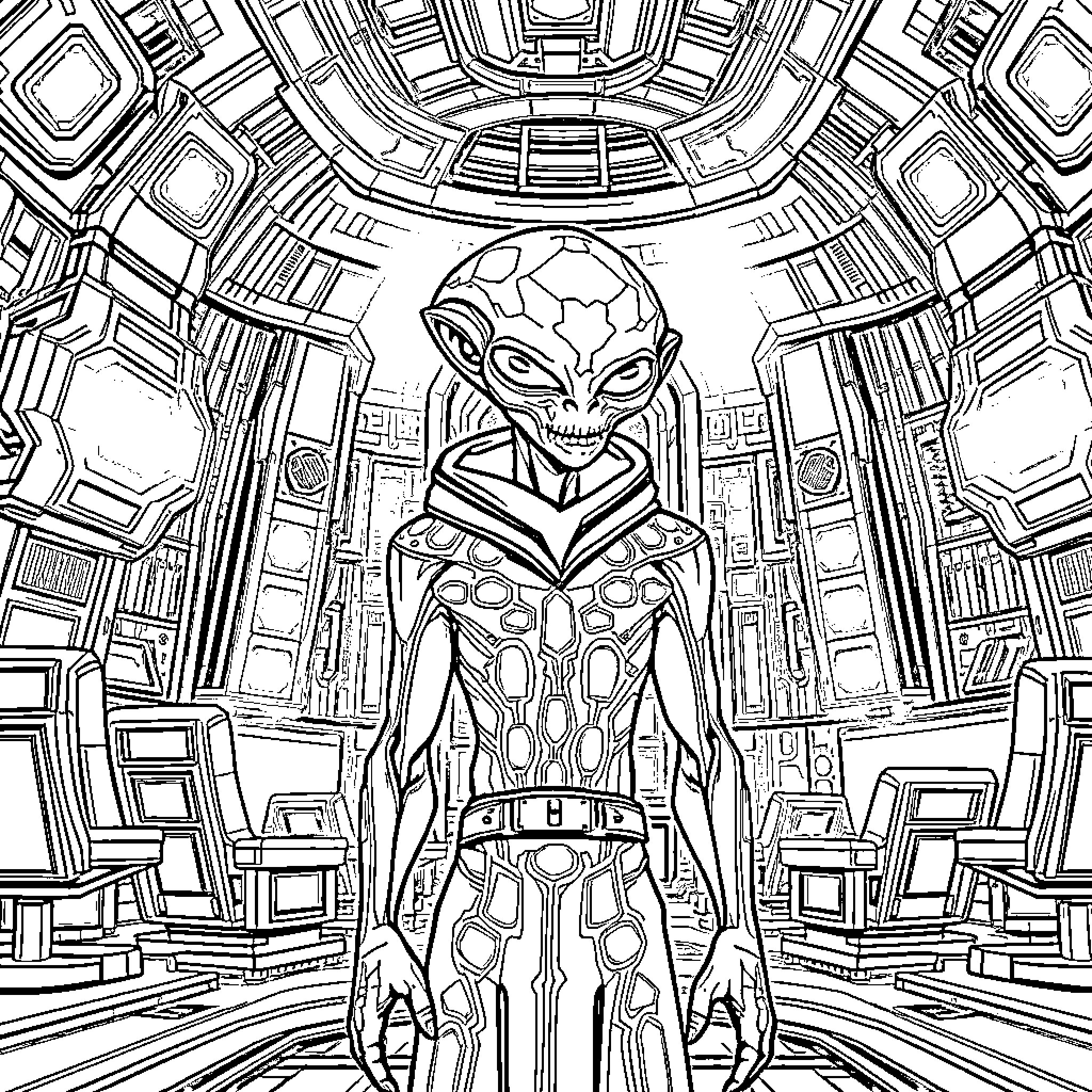 Alien Cyborg in Futuristic Space Station Coloring Page (free black-and-white line drawing printable PDF for all, from beginners to advanced learners, including children, teens, adults, and seniors)