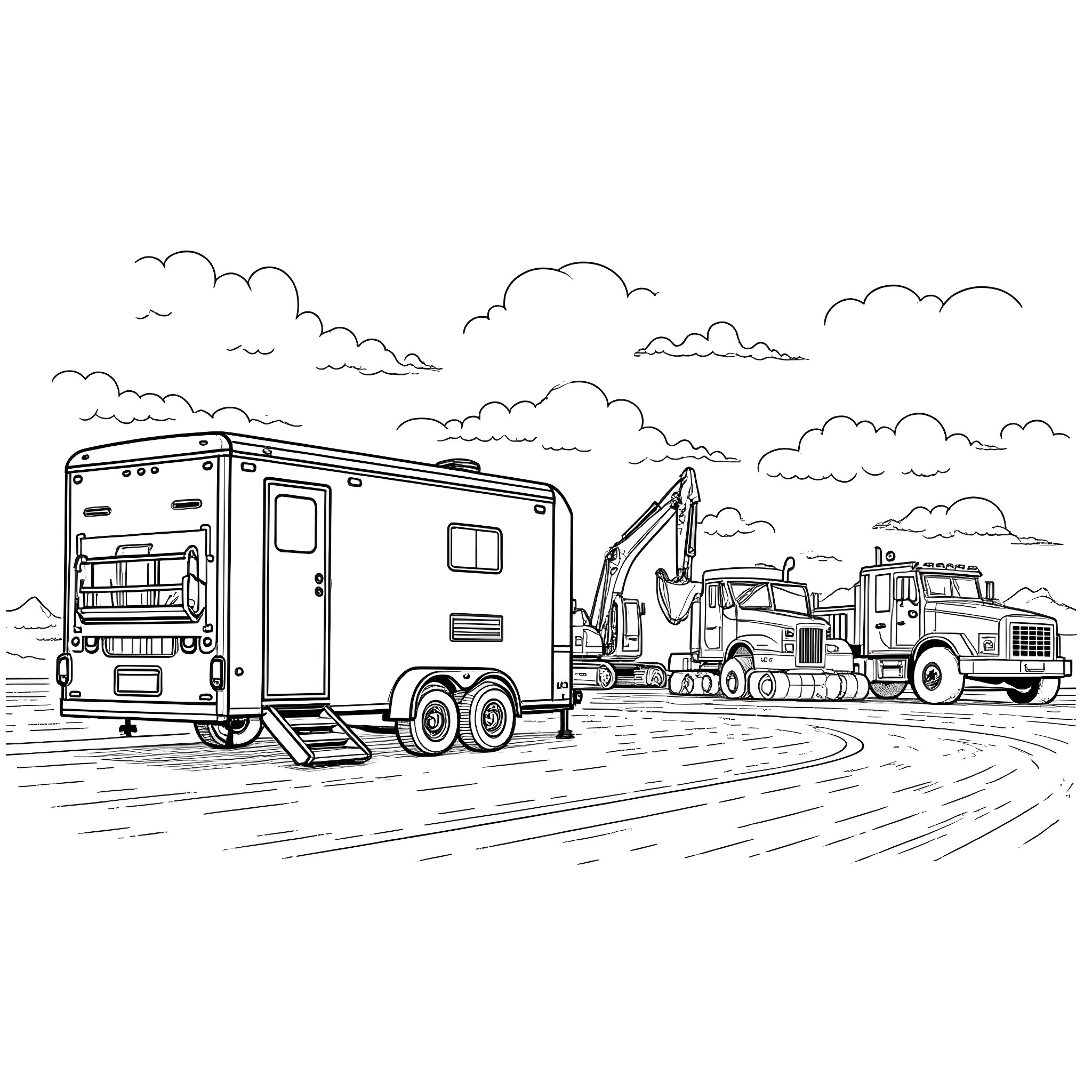 Service Trailer with Heavy Equipment on the Road Coloring Page (free black-and-white line drawing printable PDF for all, from beginners to advanced learners, including children, teens, adults, and seniors)